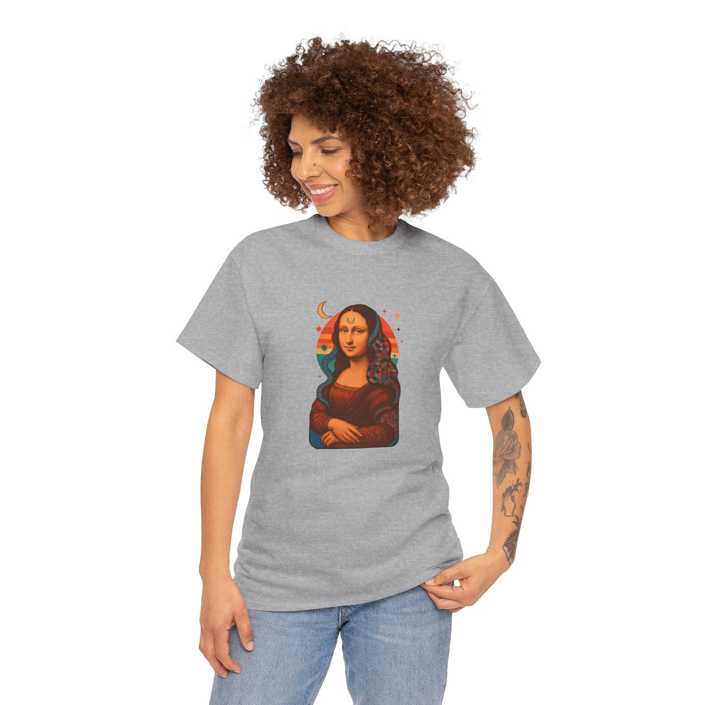 Psychedelic Mona Lisa Gildan 5000 Shirt - Trippy Retro Art Graphic Tee, Colorful Geometric Celestial Design, Vintage Aesthetic T-Shirt