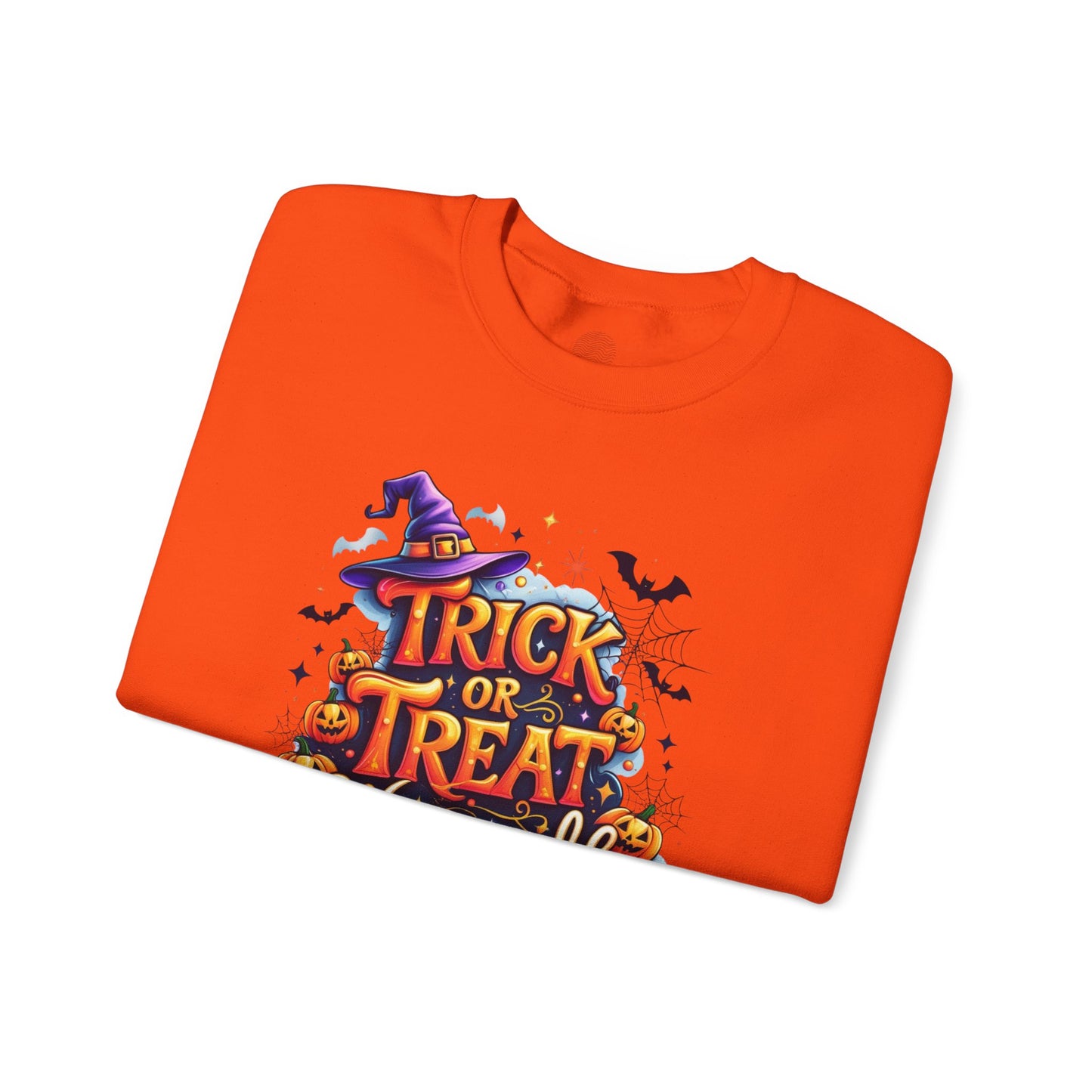 ''Trick or Treat Yourself'' Halloween Sweatshirt – Unisex Cozy Crewneck, Spooky Pumpkin & Witch Hat Graphic, Fall Aesthetic Pullover