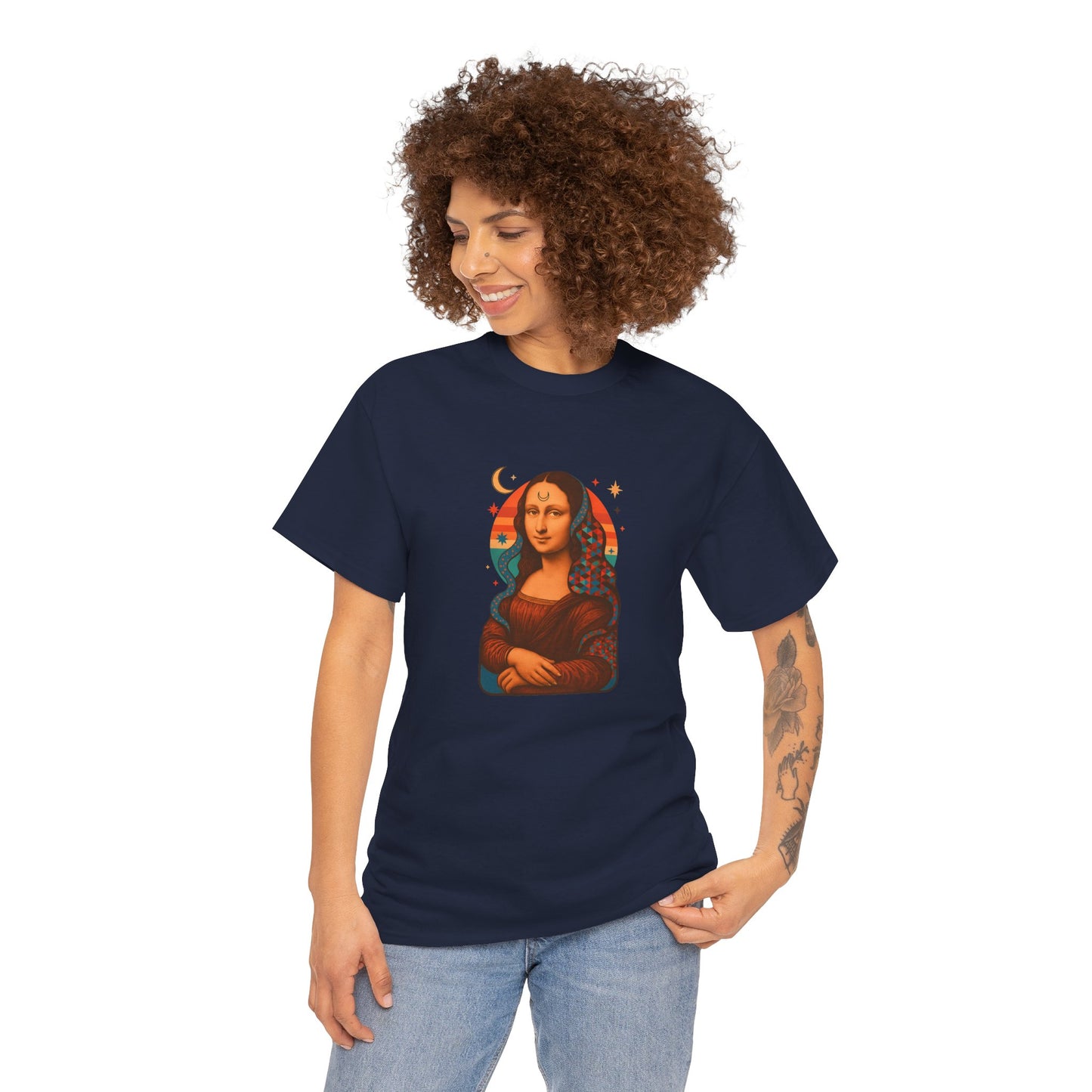 Psychedelic Mona Lisa Gildan 5000 Shirt - Trippy Retro Art Graphic Tee, Colorful Geometric Celestial Design, Vintage Aesthetic T-Shirt