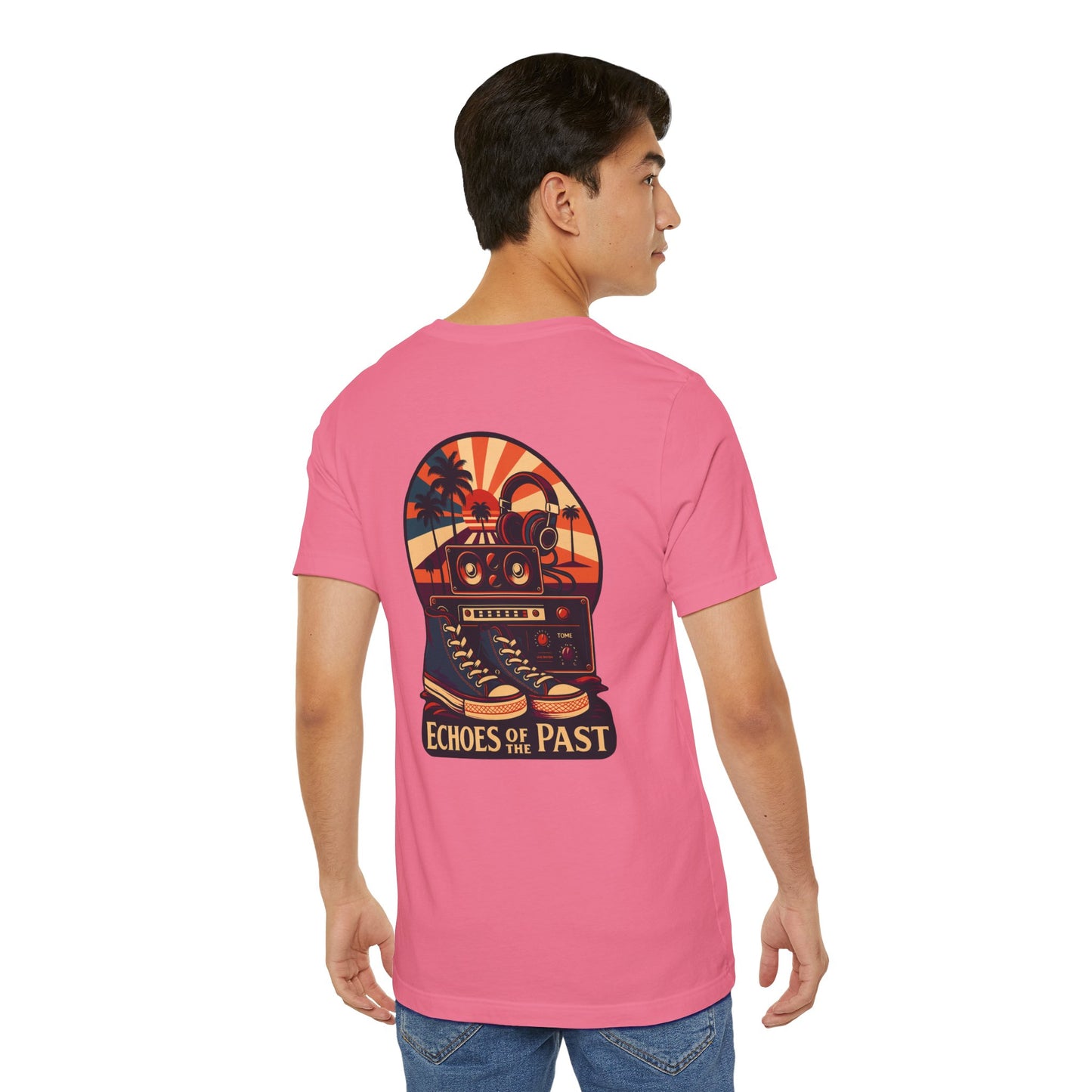 Echoes of the Past Retro Sunset T-Shirt – Bella Canvas 3001 Unisex Vintage 80s Palm Tree Music Graphic Tee