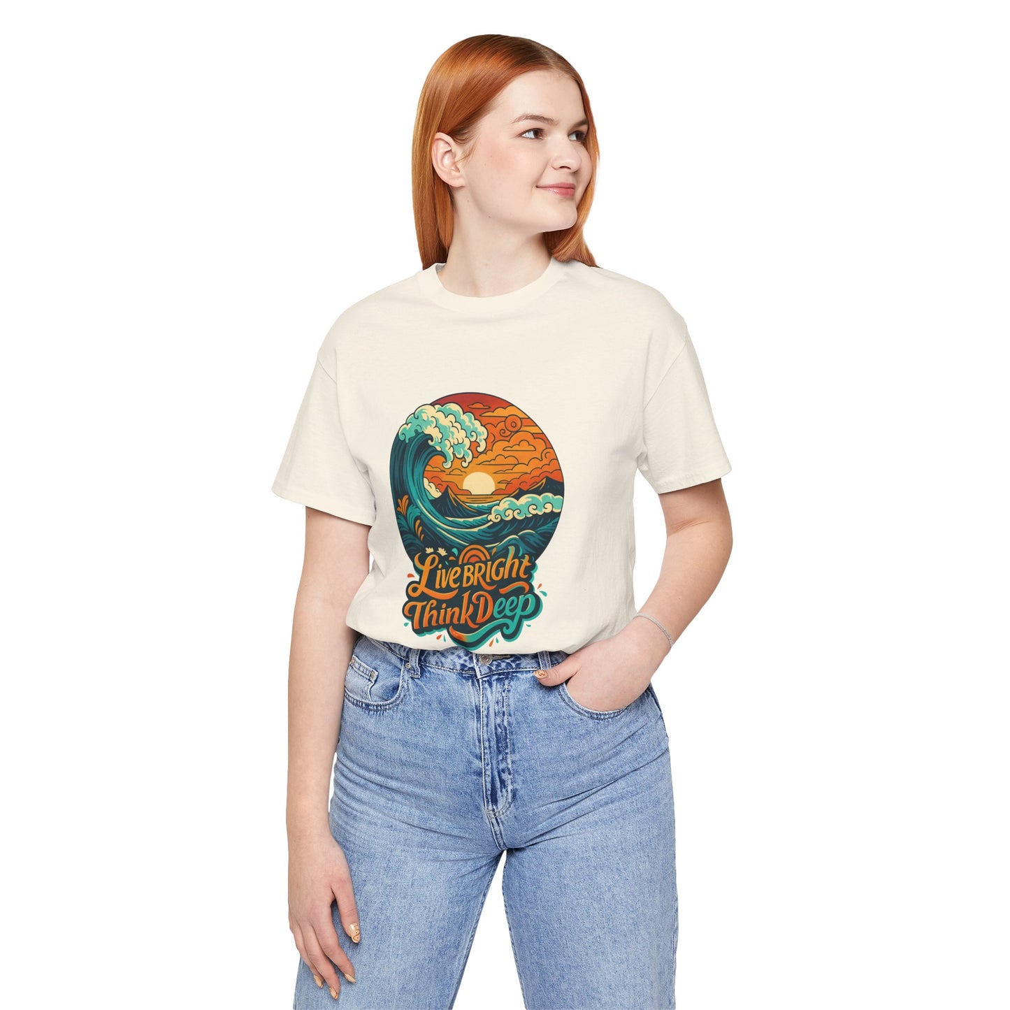 Retro Ocean Wave Sunset T-Shirt, Inspirational Typography Tee, Unisex Graphic Top, Gift for Men & Women, Live Bright Think Deep Shirt
