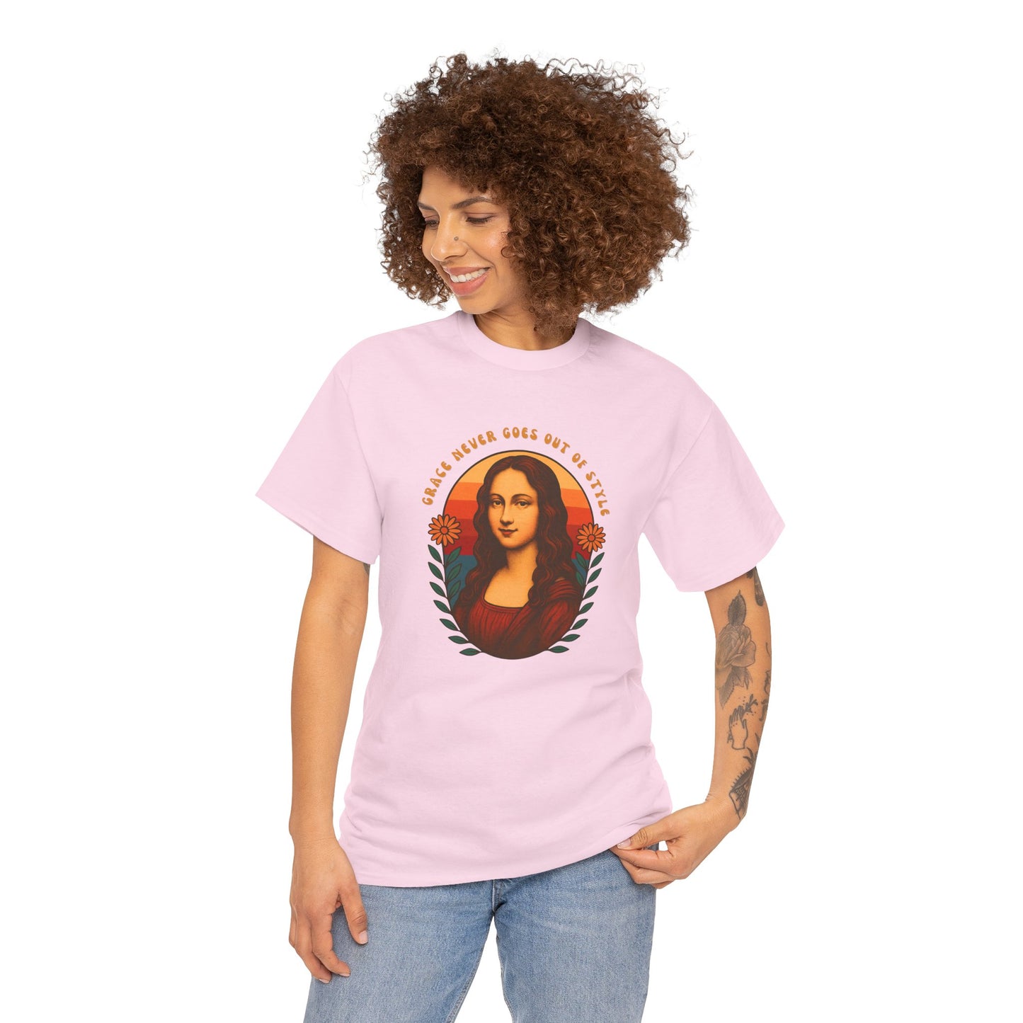 Retro Mona Lisa Unisex Heavy Cotton Tee - Vintage Aesthetic Graphic Shirt, 70s Art Tee, Trendy Gildan 5000 Top, Grace Never Goes Out of