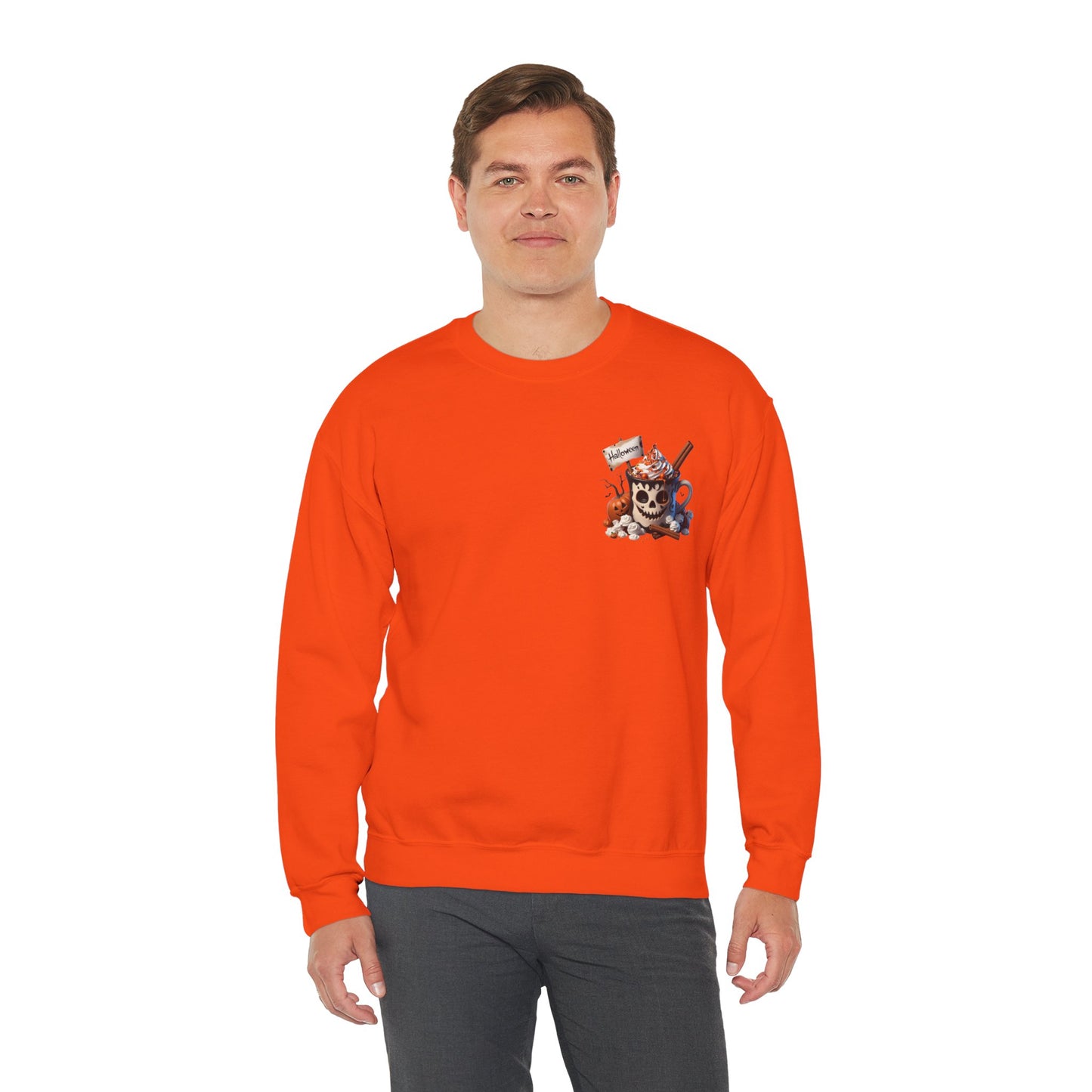 Halloween Skull Coffee Sweatshirt – Spooky Pumpkin Latte Fall Sweater – Cozy Autumn Skull Cup Pullover-Gildan 18000