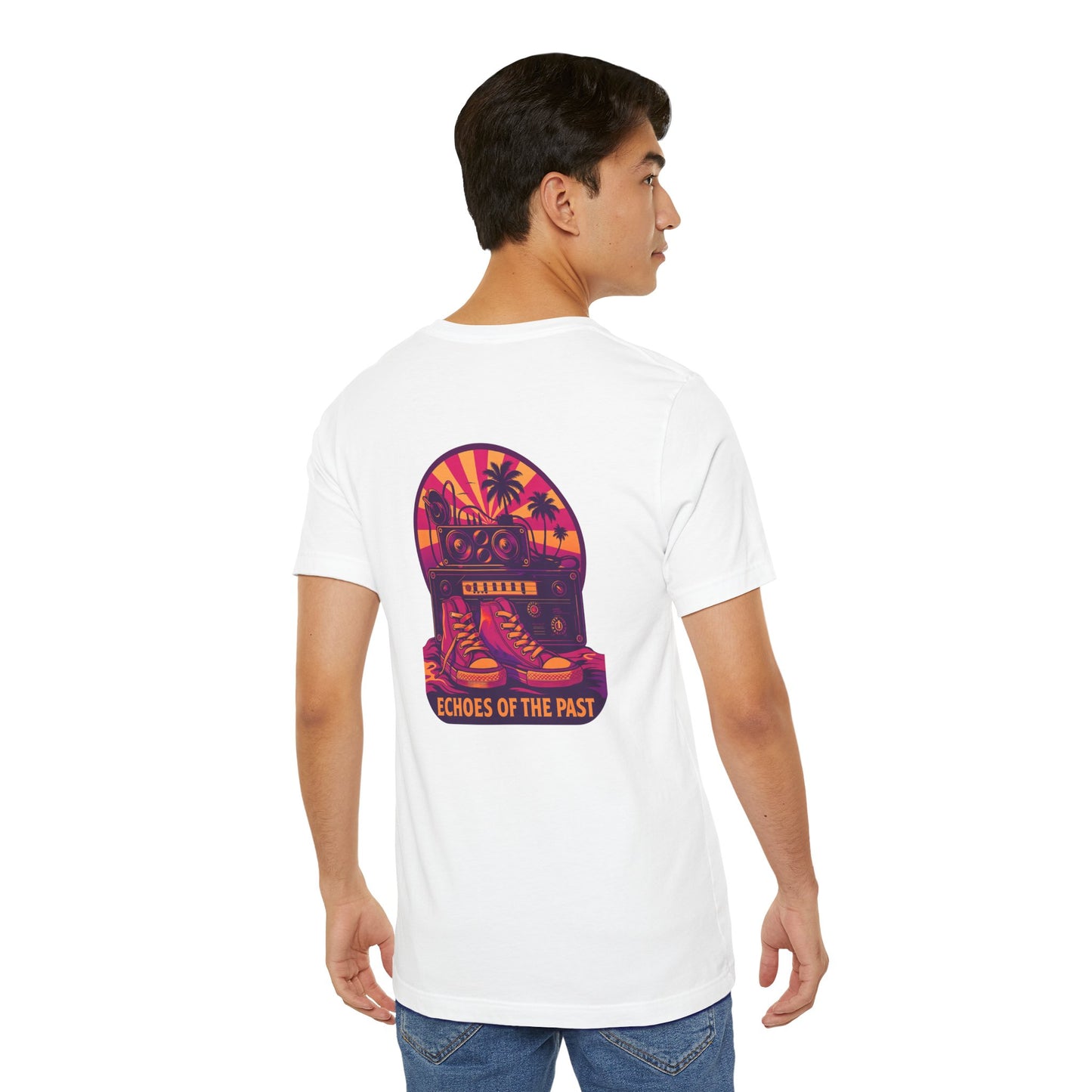 Echoes of the Past Retro Sunset T-Shirt – Bella Canvas 3001 Unisex 80s Vaporwave Graphic Tee, Vintage Music Lover Shirt