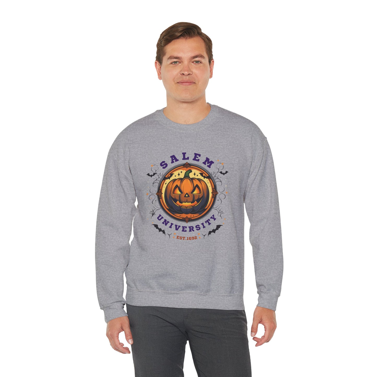 Unisex Salem University Halloween Sweatshirt – Pumpkin Jack-O’-Lantern Graphic Crewneck, Spooky Fall Aesthetic Pullover