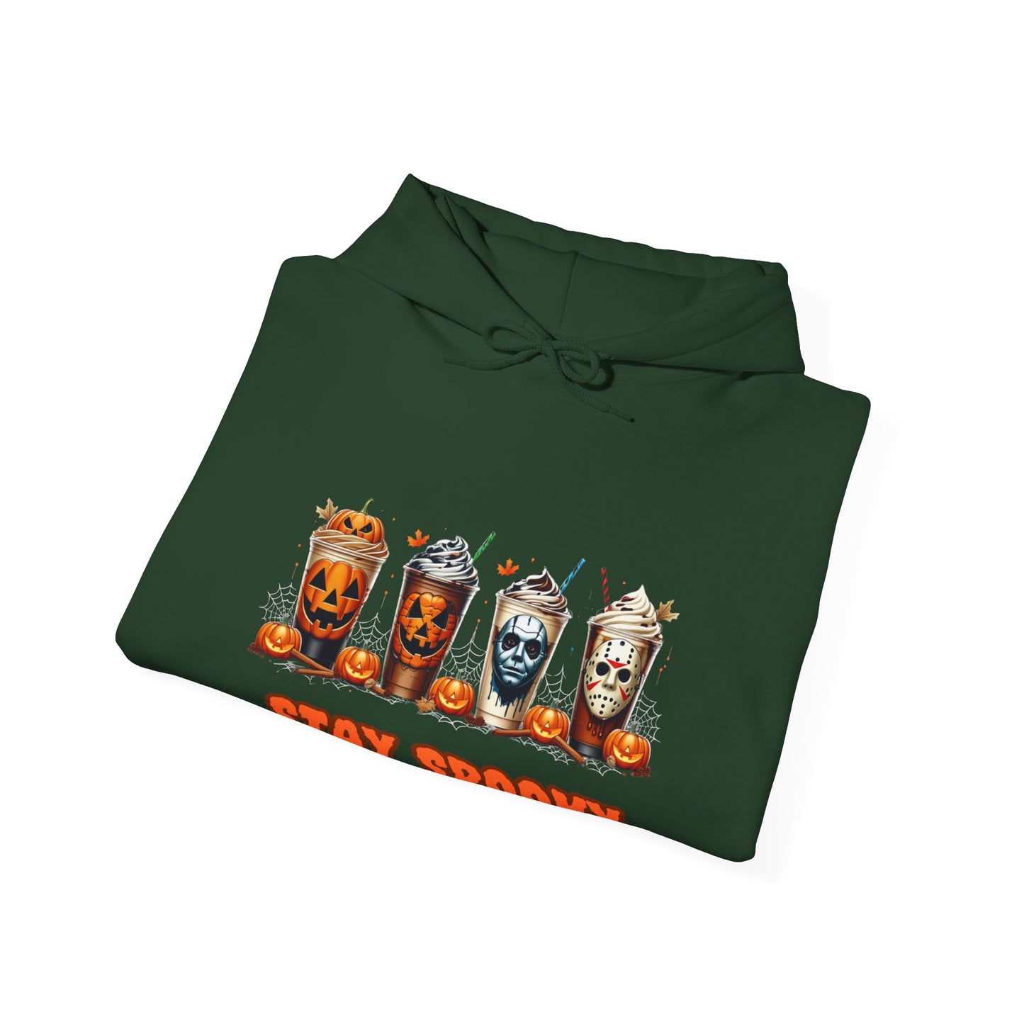 Stay Spooky Halloween Horror Hoodie – Pumpkin Skull Coffee Cup Graphic – Michael Myers Jason Inspired – Gildan 18500 Unisex Pullover