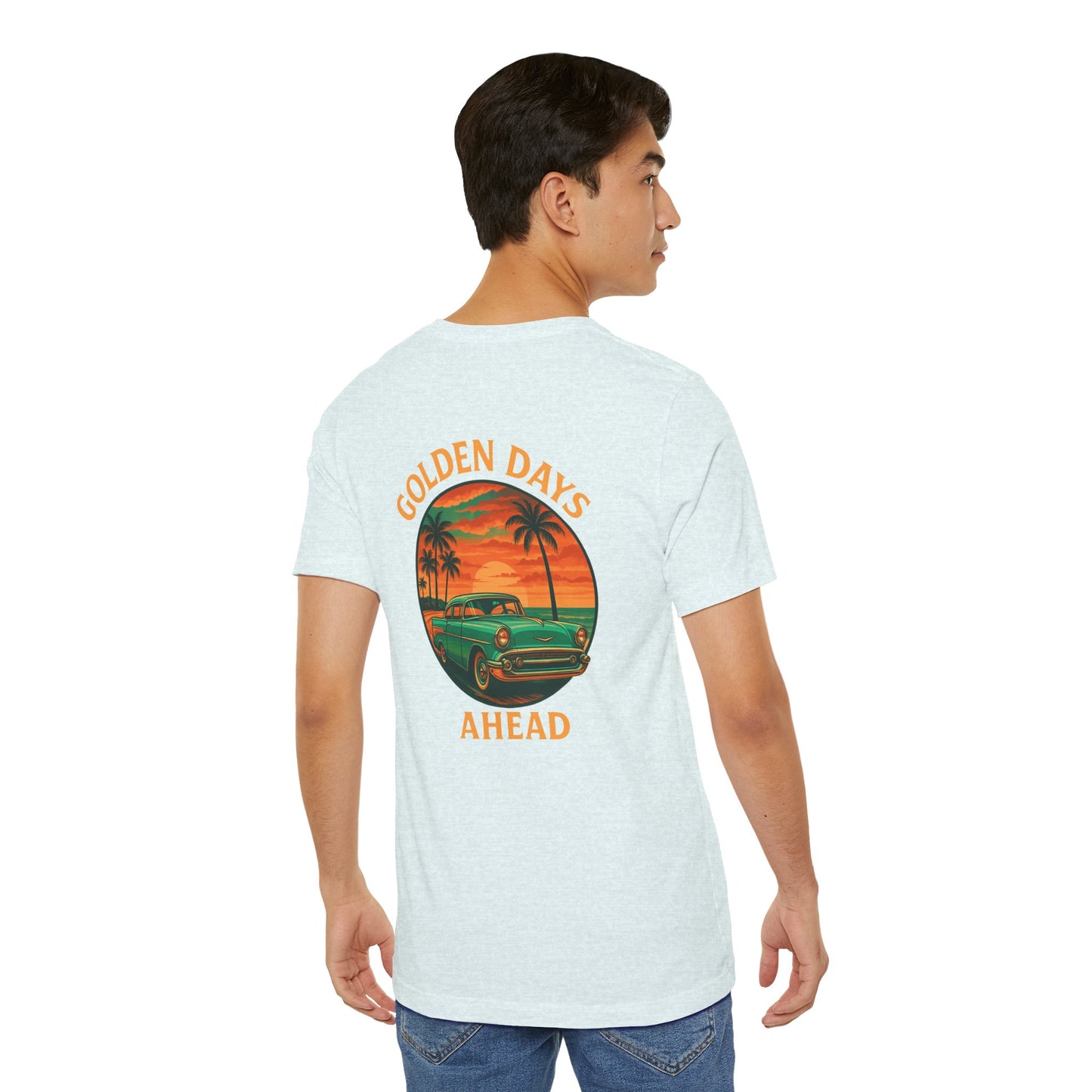 Golden Days Ahead Retro Car T-Shirt, Vintage Classic 50s Tee, Coastal Sunset Palm Trees, Unisex Jersey Shirt, Bella Canvas 3001, Men Women,