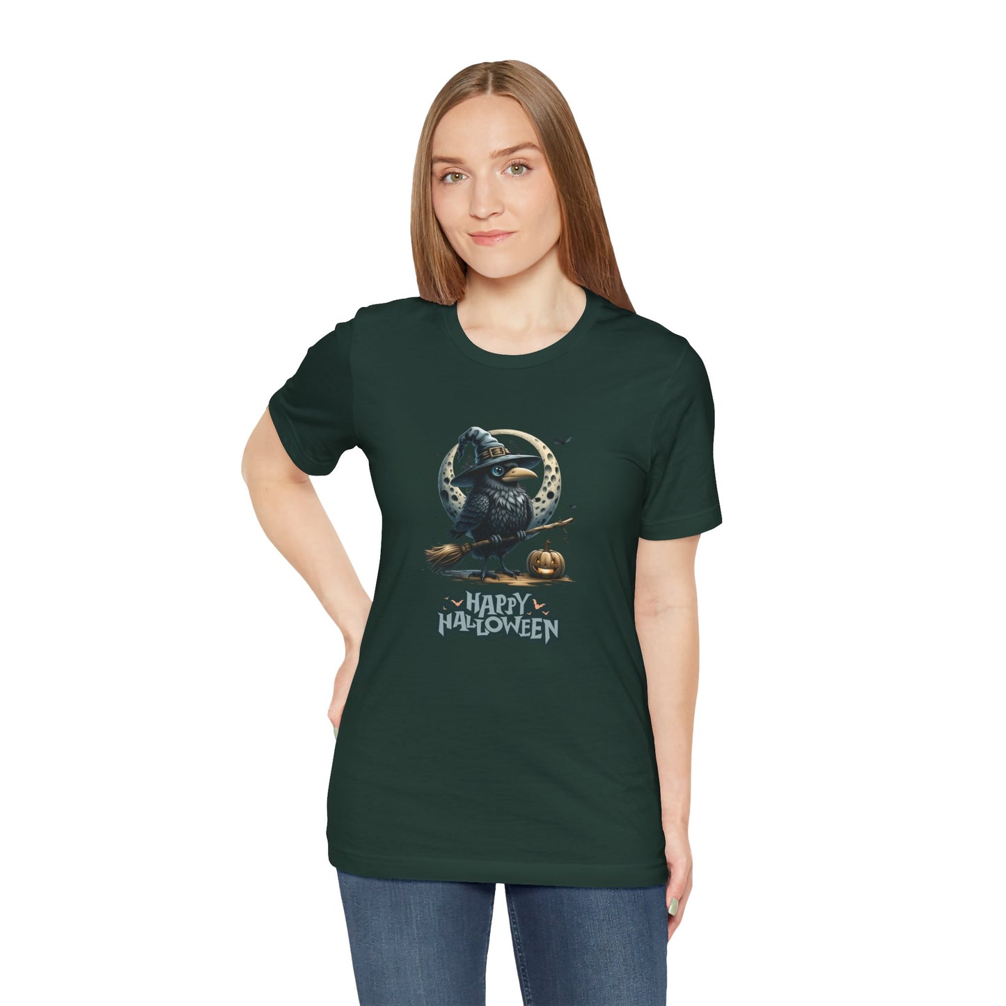 Happy Halloween Crow Shirt – Spooky Raven Witch Graphic Tee – Bella Canvas 3001 – Unisex Halloween T-Shirt for Women Men