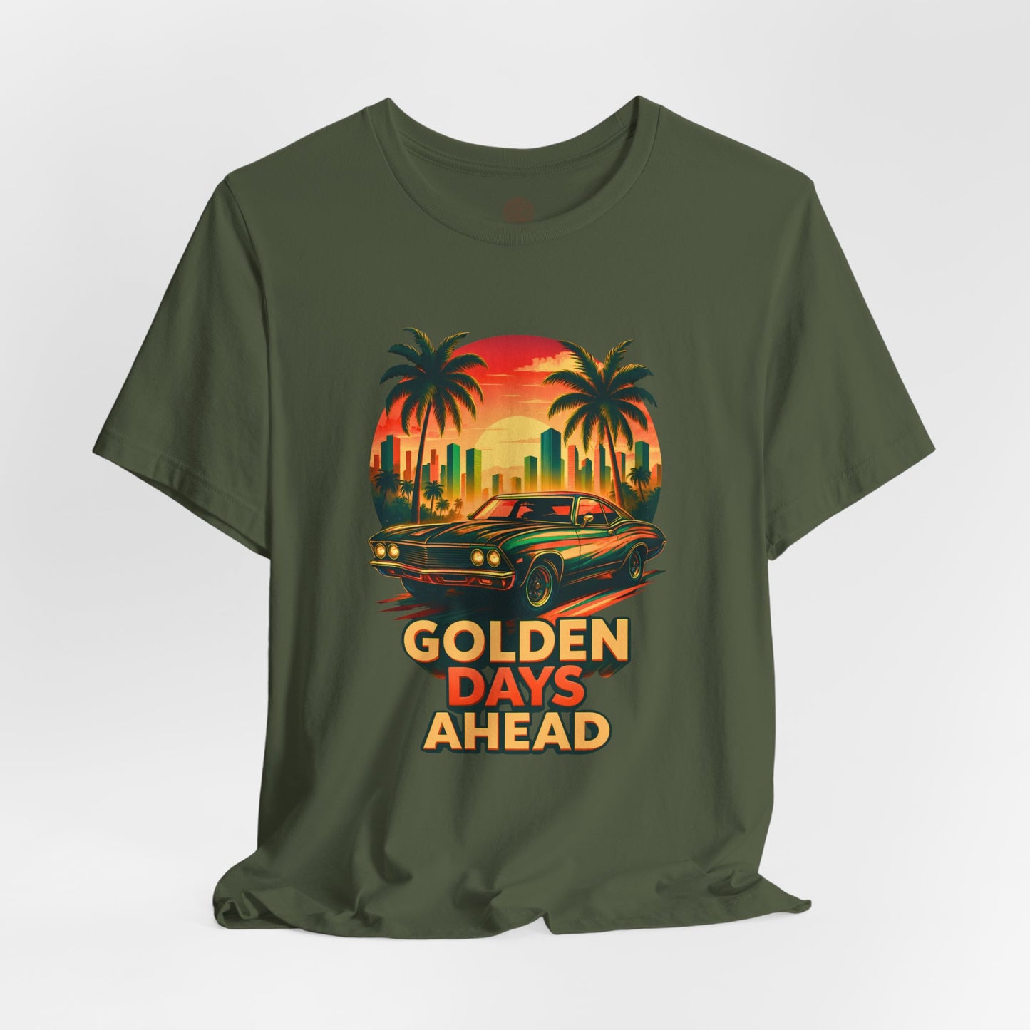 Retro Sunset Muscle Car T-Shirt, Vintage Skyline Graphic Tee, Unisex Jersey Tee, Golden Days Ahead Shirt, Bella Canvas 3001
