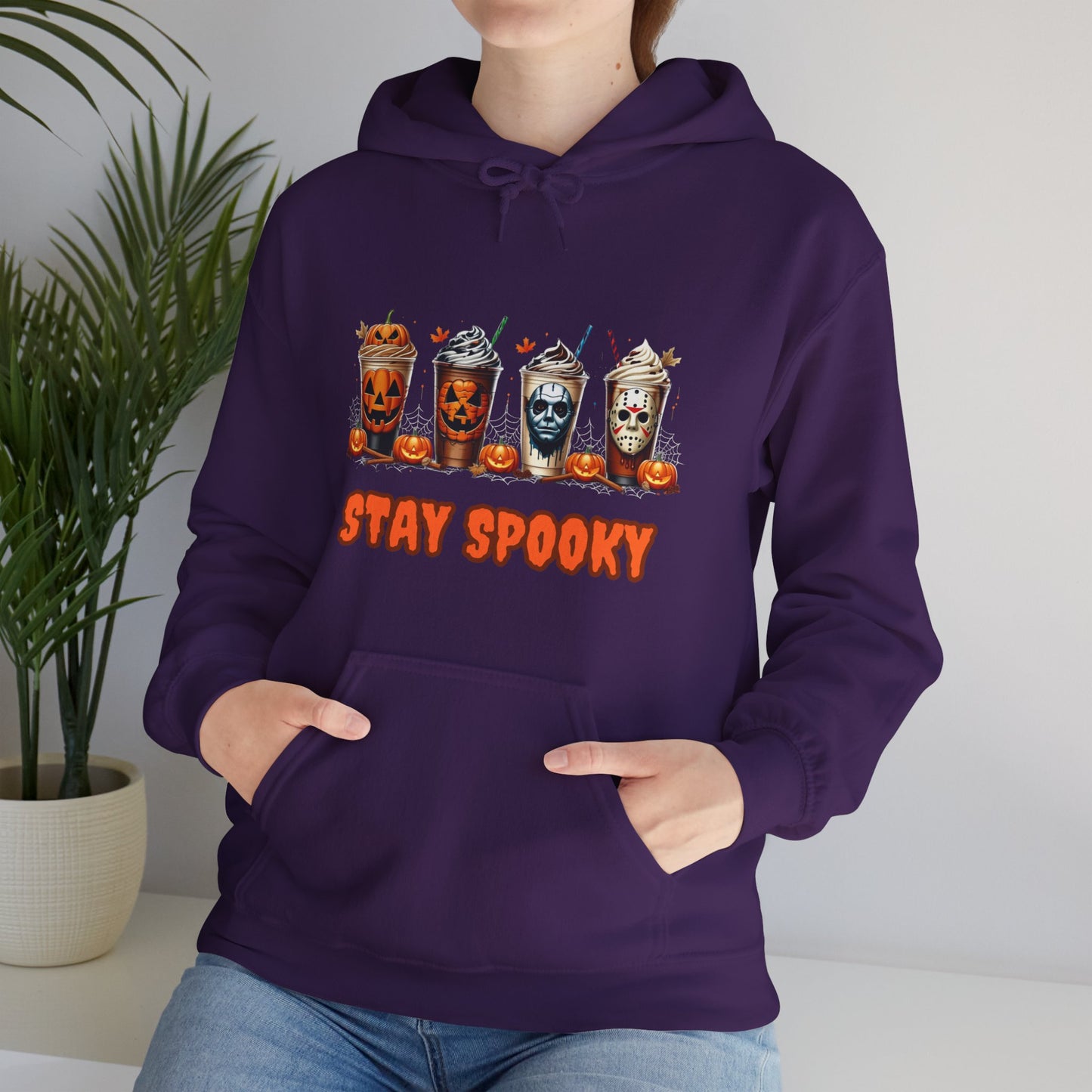 Stay Spooky Halloween Horror Hoodie – Pumpkin Skull Coffee Cup Graphic – Michael Myers Jason Inspired – Gildan 18500 Unisex Pullover