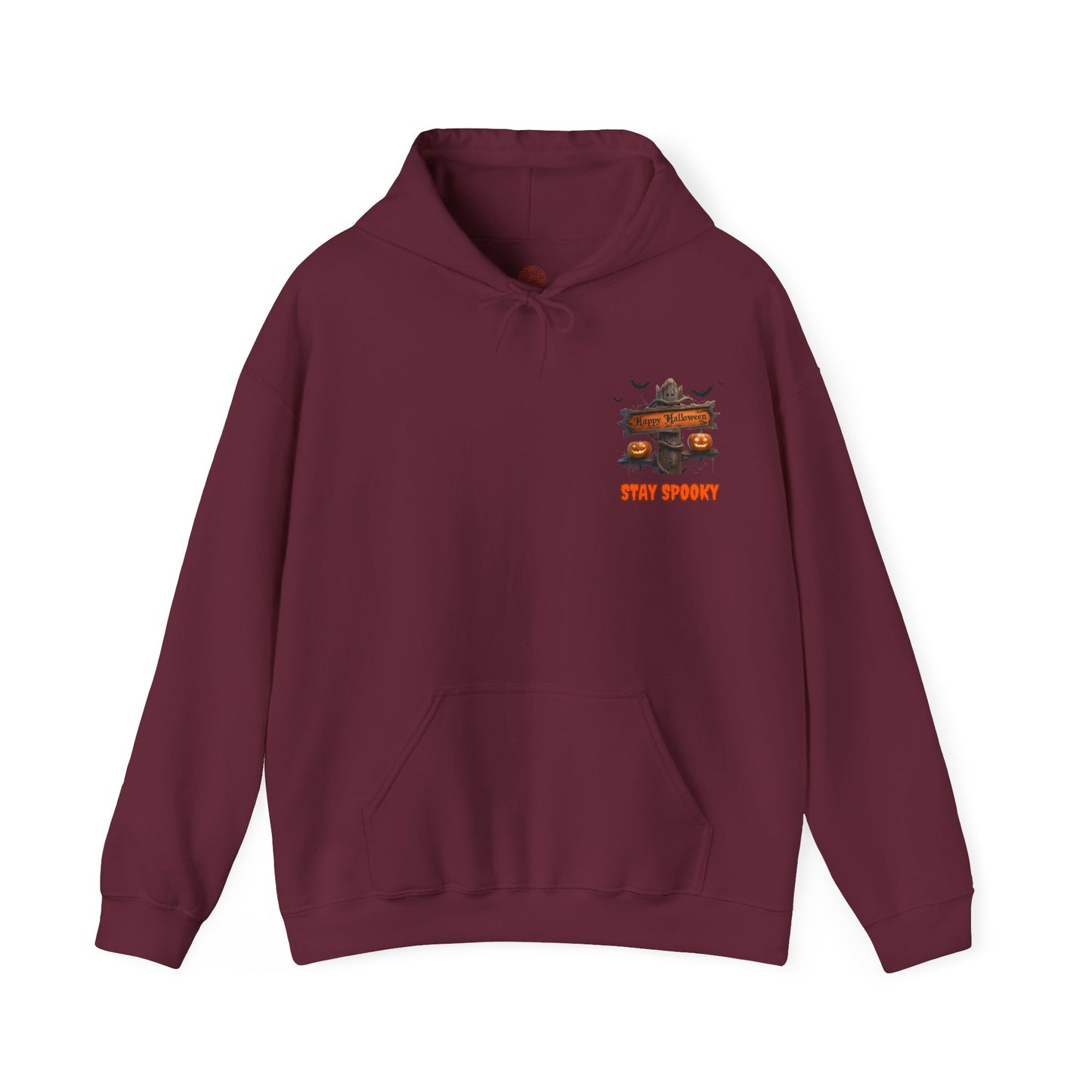 Stay Spooky Halloween Hoodie – Happy Halloween Gravestone & Pumpkin Graphic – Gildan Heavy Blend Unisex Pullover"