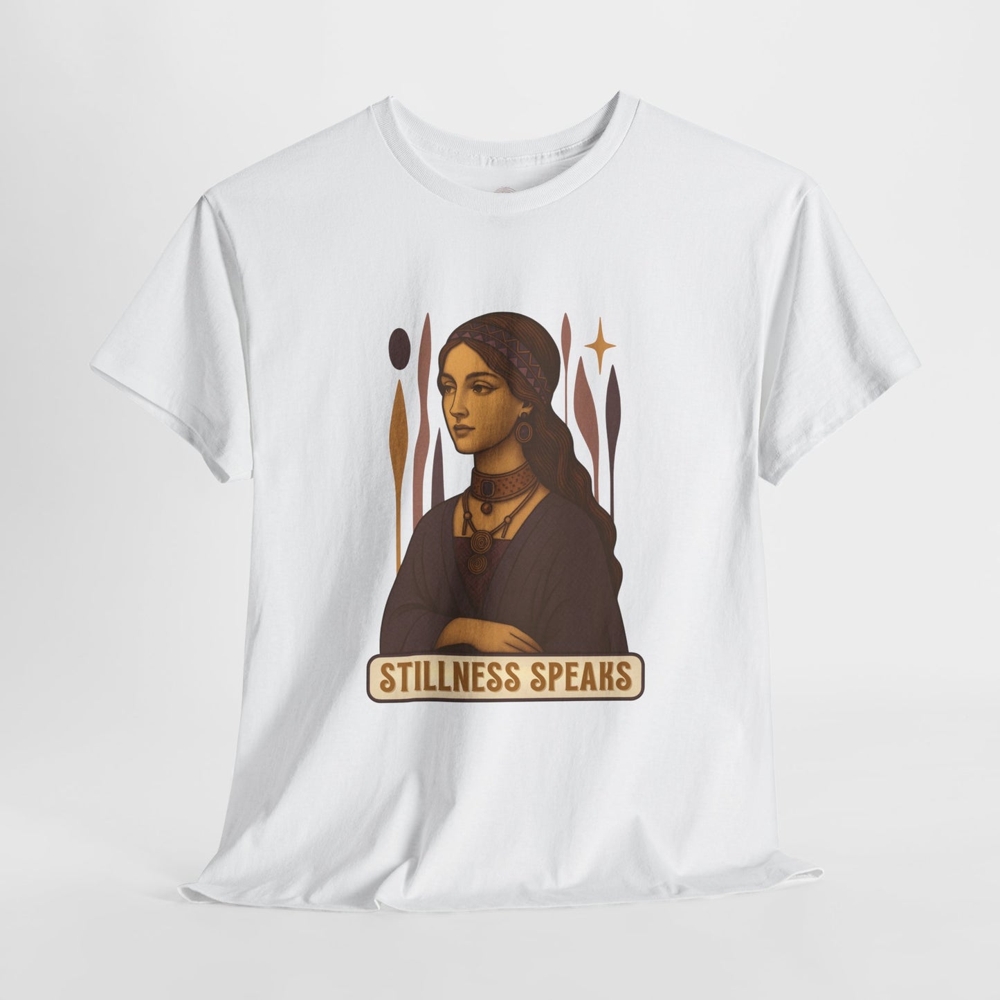 Vintage Mystic Woman Stillness Speaks T-Shirt, Retro Boho Aesthetic Top, Spiritual Graphic Tee, Mindfulness Yoga Gift, Unisex Heavy Cotton