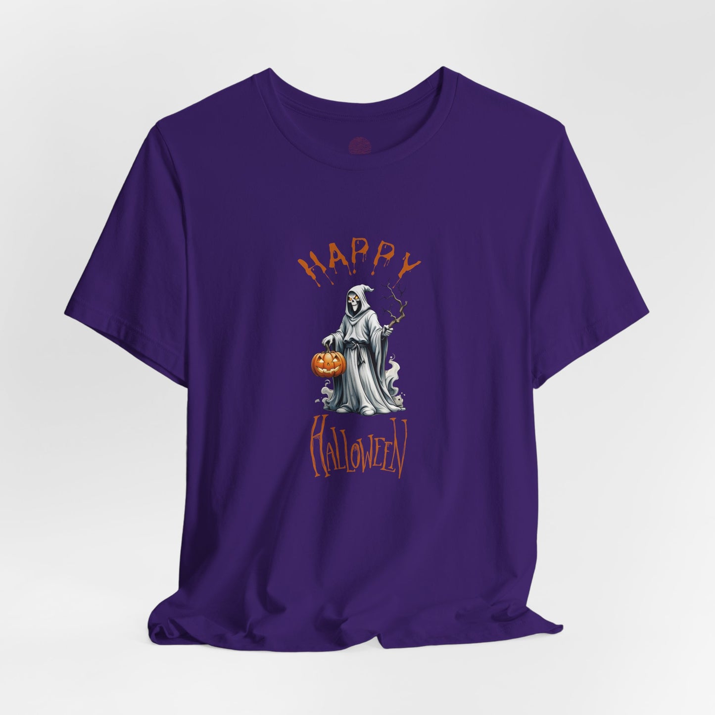 Happy Halloween Ghost Shirt – Spooky Pumpkin Graphic Tee – Bella Canvas 3001 – Unisex Cute Halloween T-Shirt for Women Men