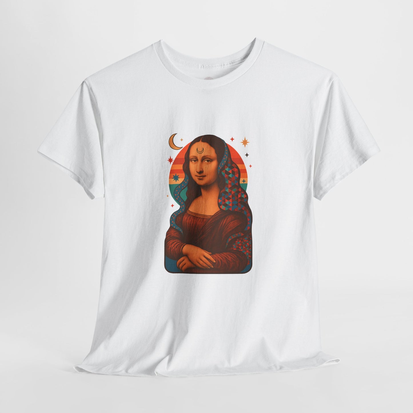 Psychedelic Mona Lisa Gildan 5000 Shirt - Trippy Retro Art Graphic Tee, Colorful Geometric Celestial Design, Vintage Aesthetic T-Shirt