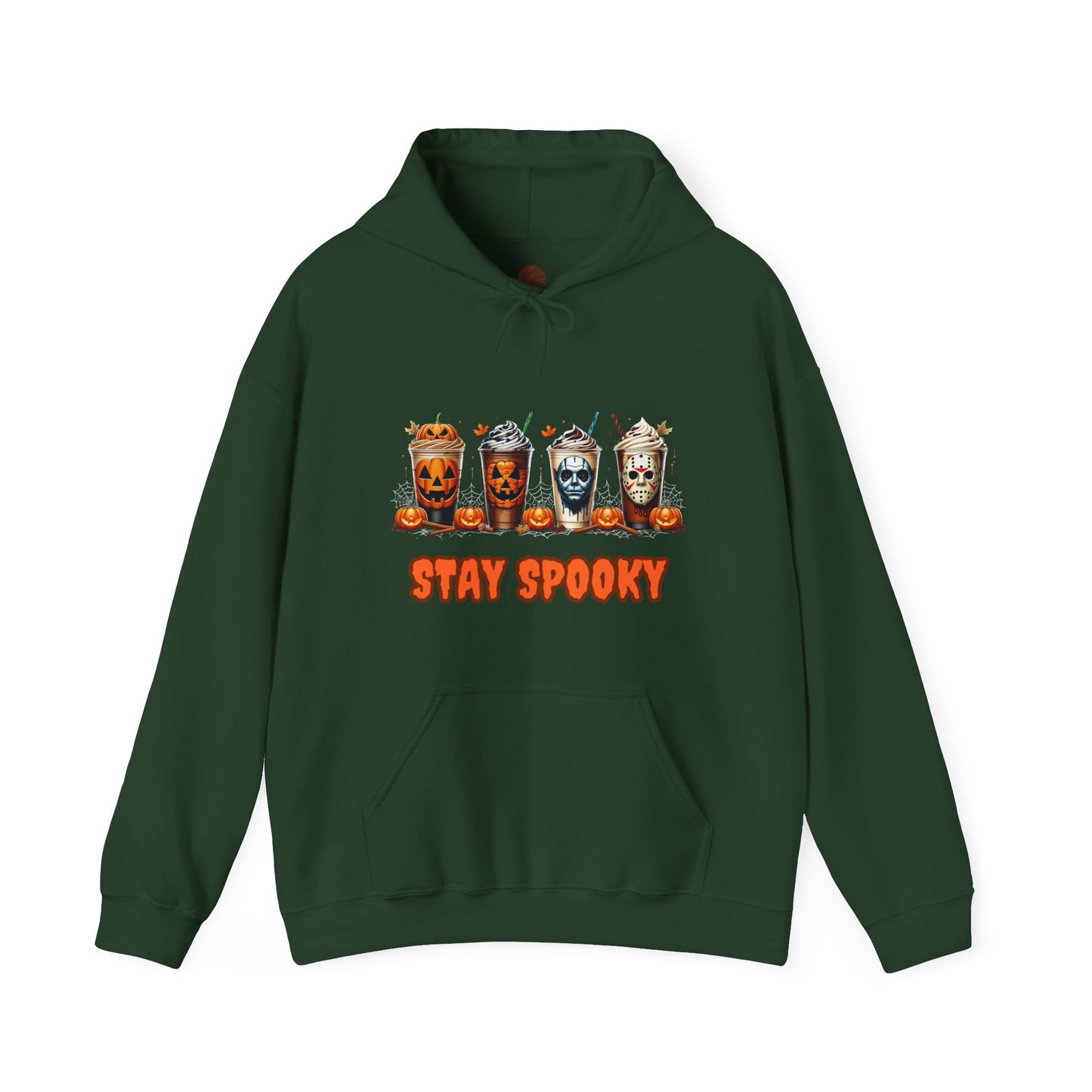 Stay Spooky Halloween Horror Hoodie – Pumpkin Skull Coffee Cup Graphic – Michael Myers Jason Inspired – Gildan 18500 Unisex Pullover