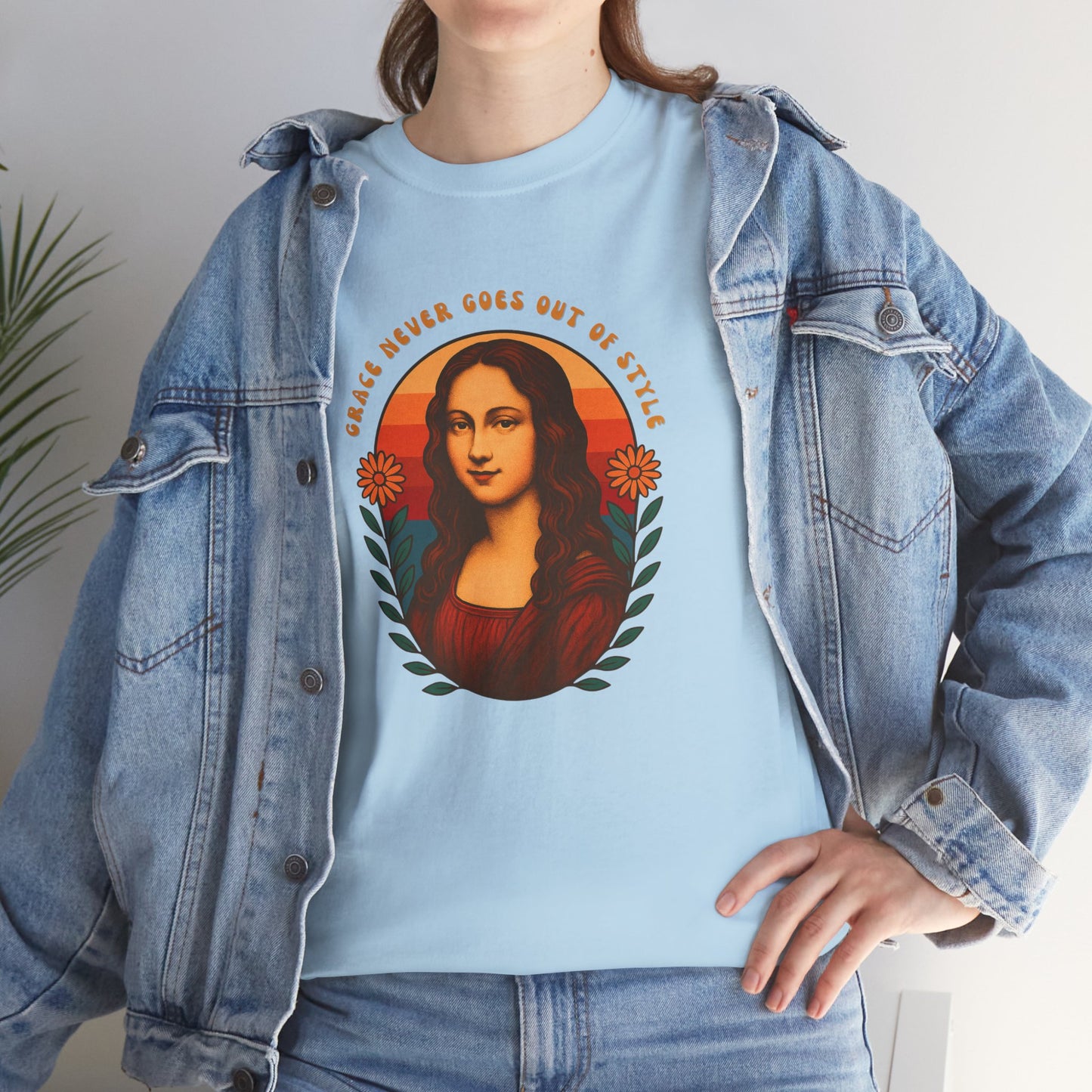 Retro Mona Lisa Unisex Heavy Cotton Tee - Vintage Aesthetic Graphic Shirt, 70s Art Tee, Trendy Gildan 5000 Top, Grace Never Goes Out of