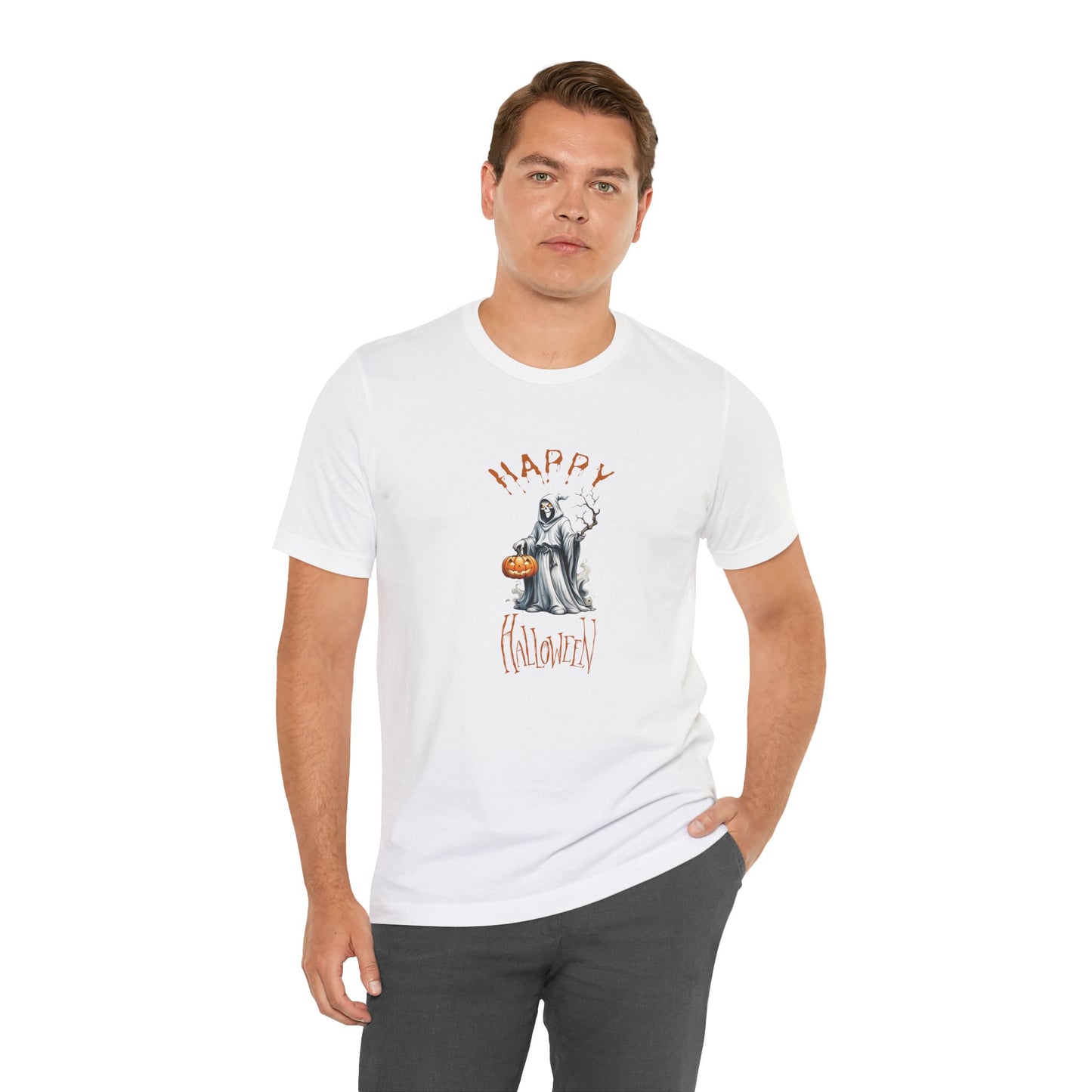 Happy Halloween Ghost Shirt – Spooky Pumpkin Graphic Tee – Bella Canvas 3001 – Unisex Cute Halloween T-Shirt for Women Men