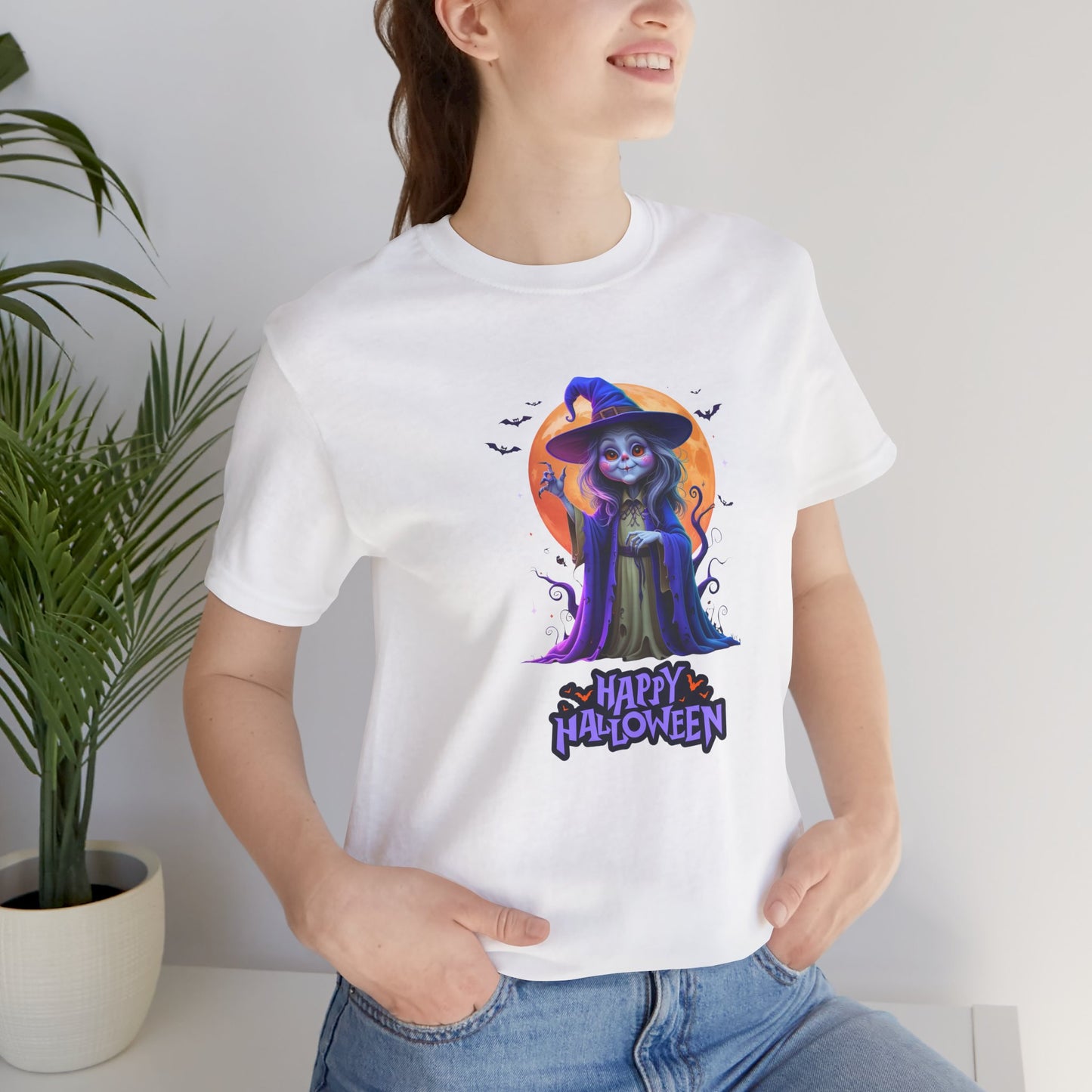 Happy Halloween Witch Shirt – Spooky Full Moon Graphic Tee – Bella Canvas 3001 – Unisex Halloween T-Shirt for Women Men
