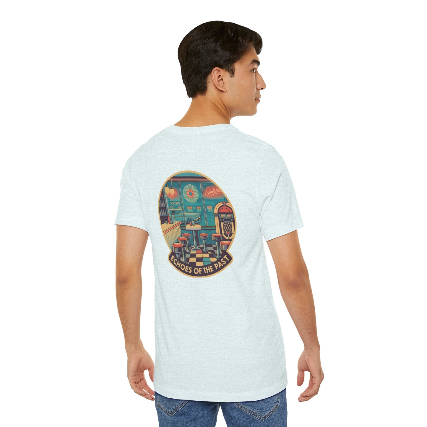 Echoes of the Past Retro Diner T-Shirt – Bella Canvas 3001 Unisex Vintage 80s Jukebox Neon Graphic Tee