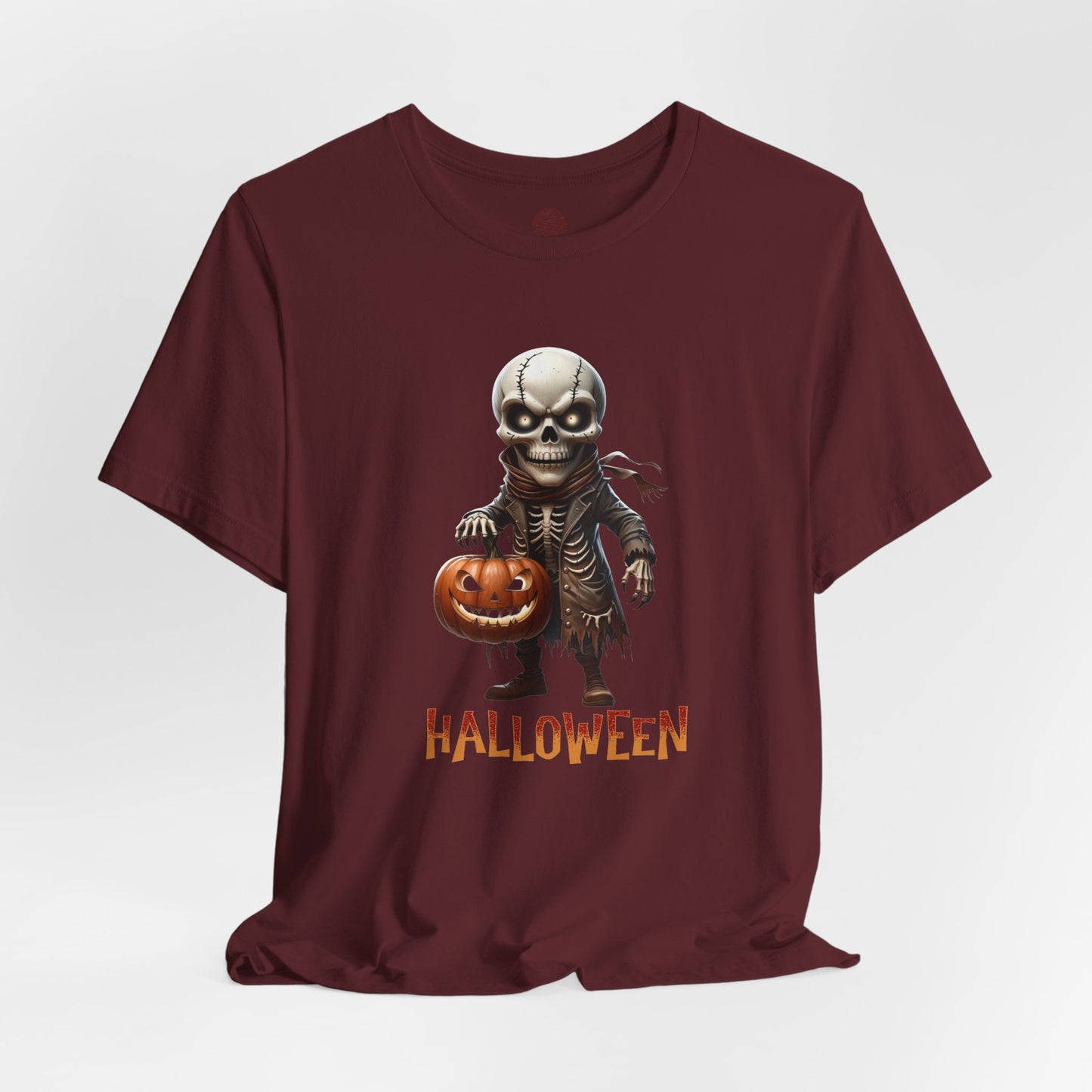 Halloween Skeleton Shirt – Spooky Pumpkin Graphic Tee – Bella Canvas 3001 – Unisex Gothic Horror Costume T-Shirt