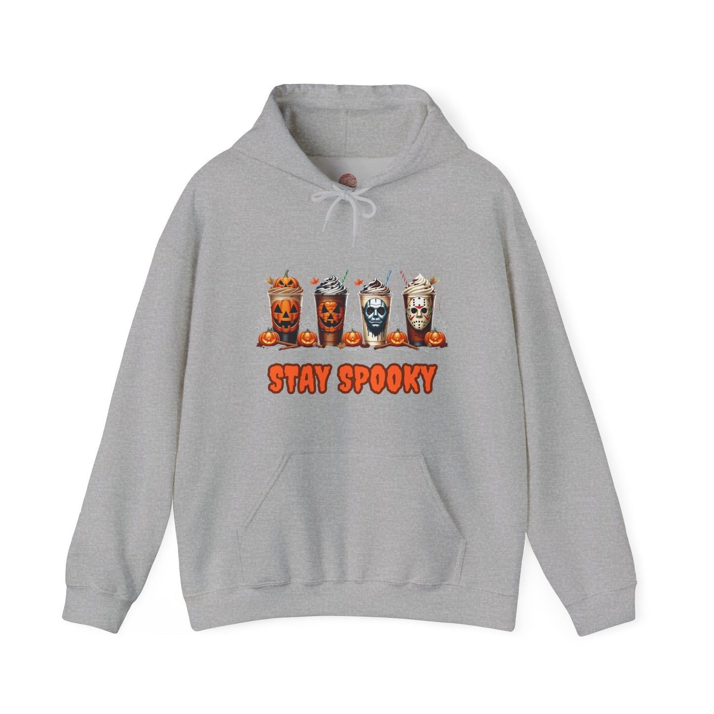 Stay Spooky Halloween Horror Hoodie – Pumpkin Skull Coffee Cup Graphic – Michael Myers Jason Inspired – Gildan 18500 Unisex Pullover