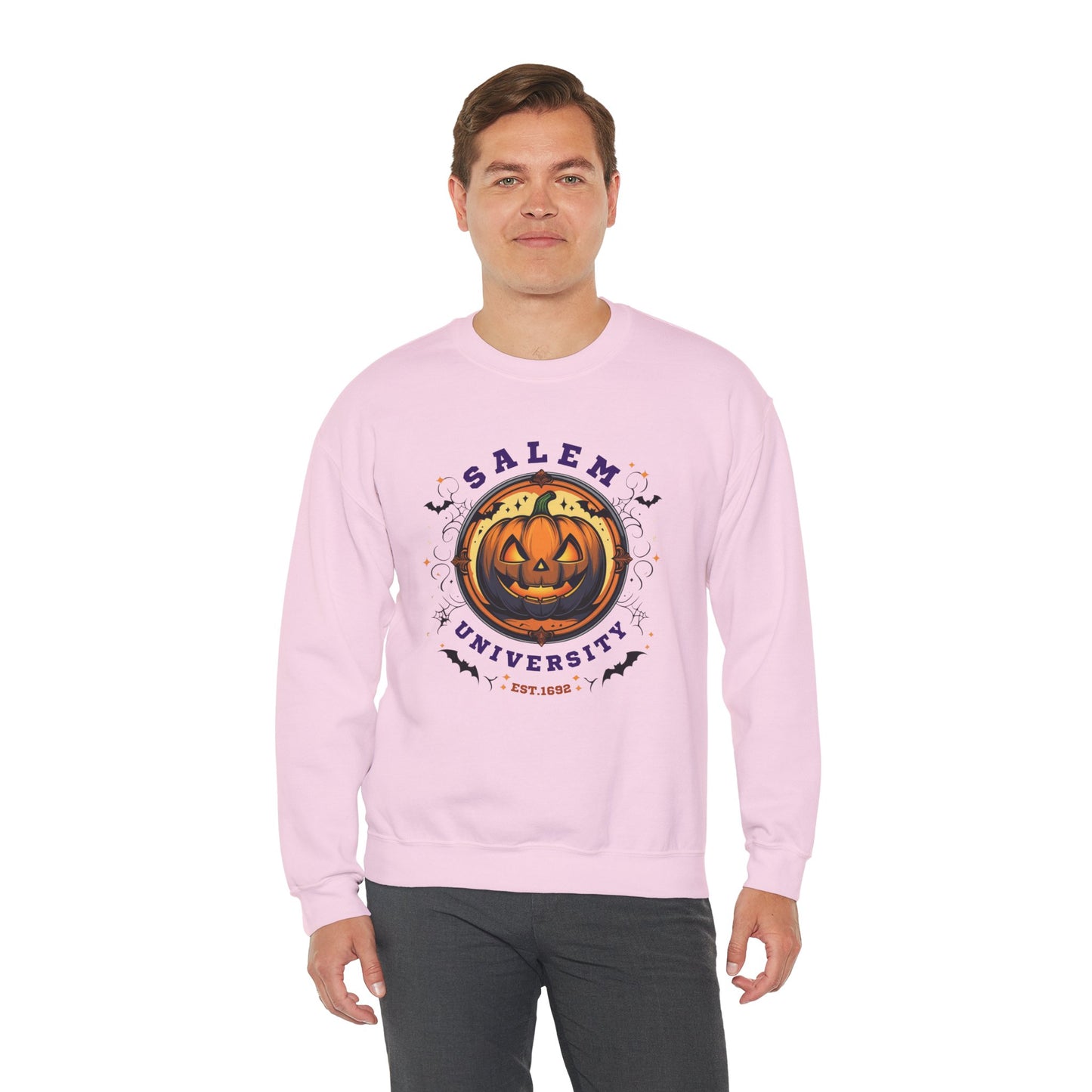 Unisex Salem University Halloween Sweatshirt – Pumpkin Jack-O’-Lantern Graphic Crewneck, Spooky Fall Aesthetic Pullover