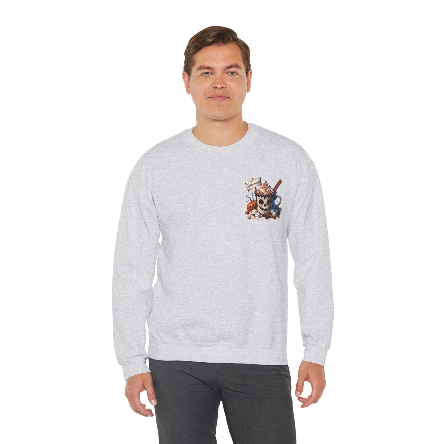 Halloween Skull Coffee Sweatshirt – Spooky Pumpkin Latte Fall Sweater – Cozy Autumn Skull Cup Pullover-Gildan 18000