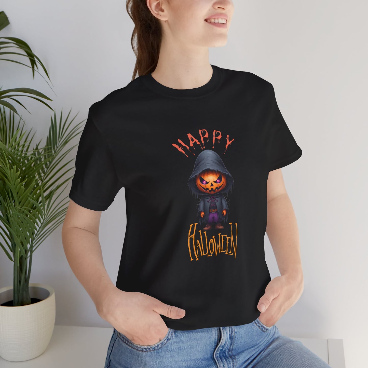 Happy Halloween Pumpkin Head Shirt – Spooky Jack O’Lantern Graphic Tee – Bella Canvas 3001 Unisex T-Shirt
