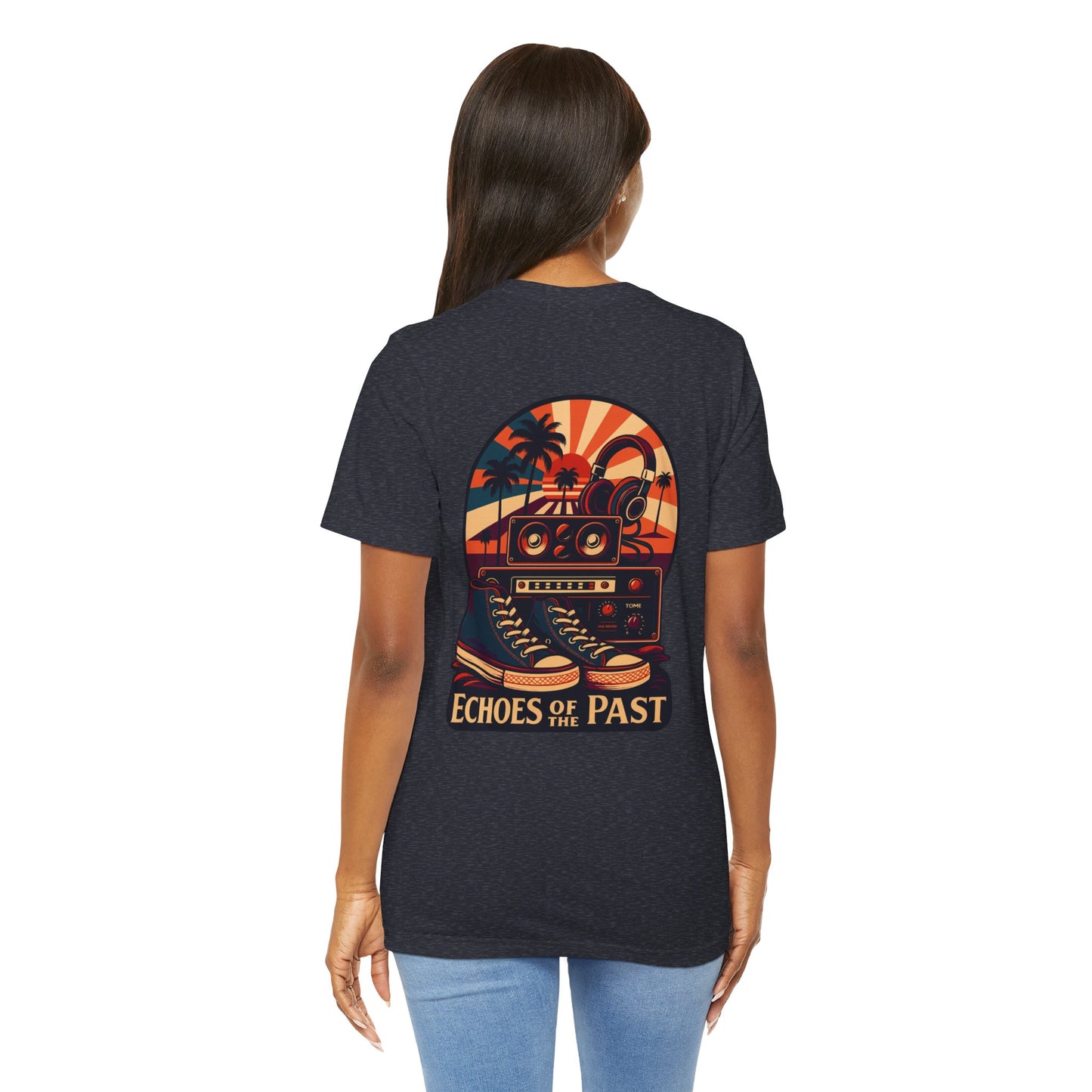 Echoes of the Past Retro Sunset T-Shirt – Bella Canvas 3001 Unisex Vintage 80s Palm Tree Music Graphic Tee
