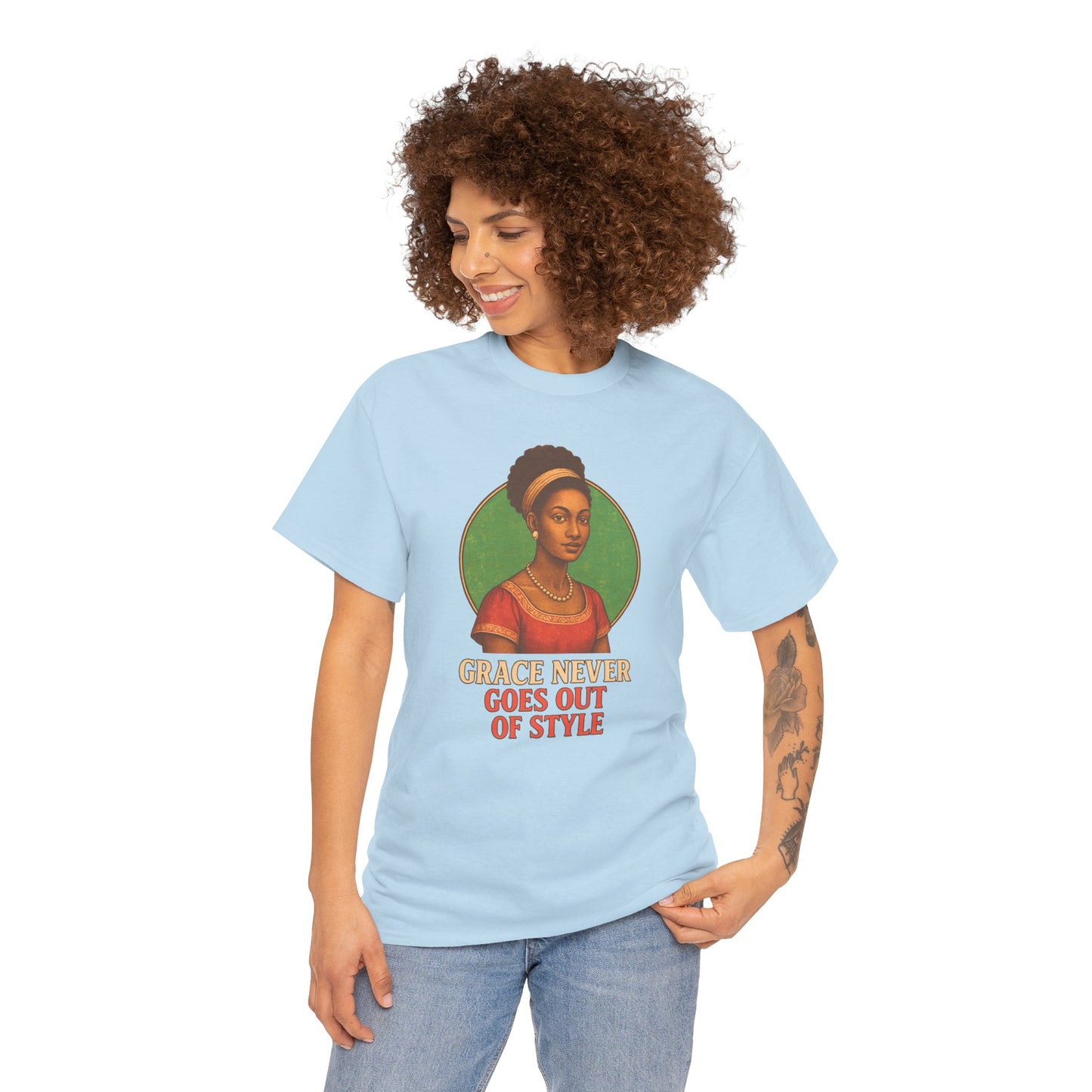 Grace Never Goes Out of Style Gildan 5000 Shirt - Retro Vintage Afro Woman Graphic Tee, 70s Aesthetic Inspirational Quote T-Shirt
