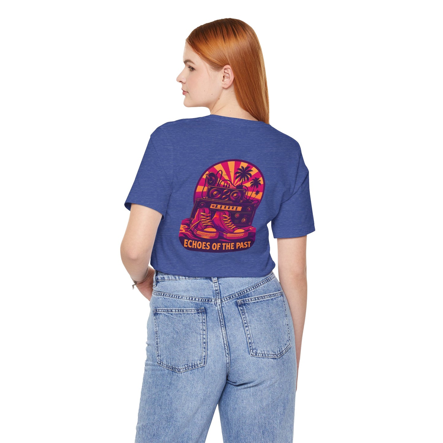 Echoes of the Past Retro Sunset T-Shirt – Bella Canvas 3001 Unisex 80s Vaporwave Graphic Tee, Vintage Music Lover Shirt