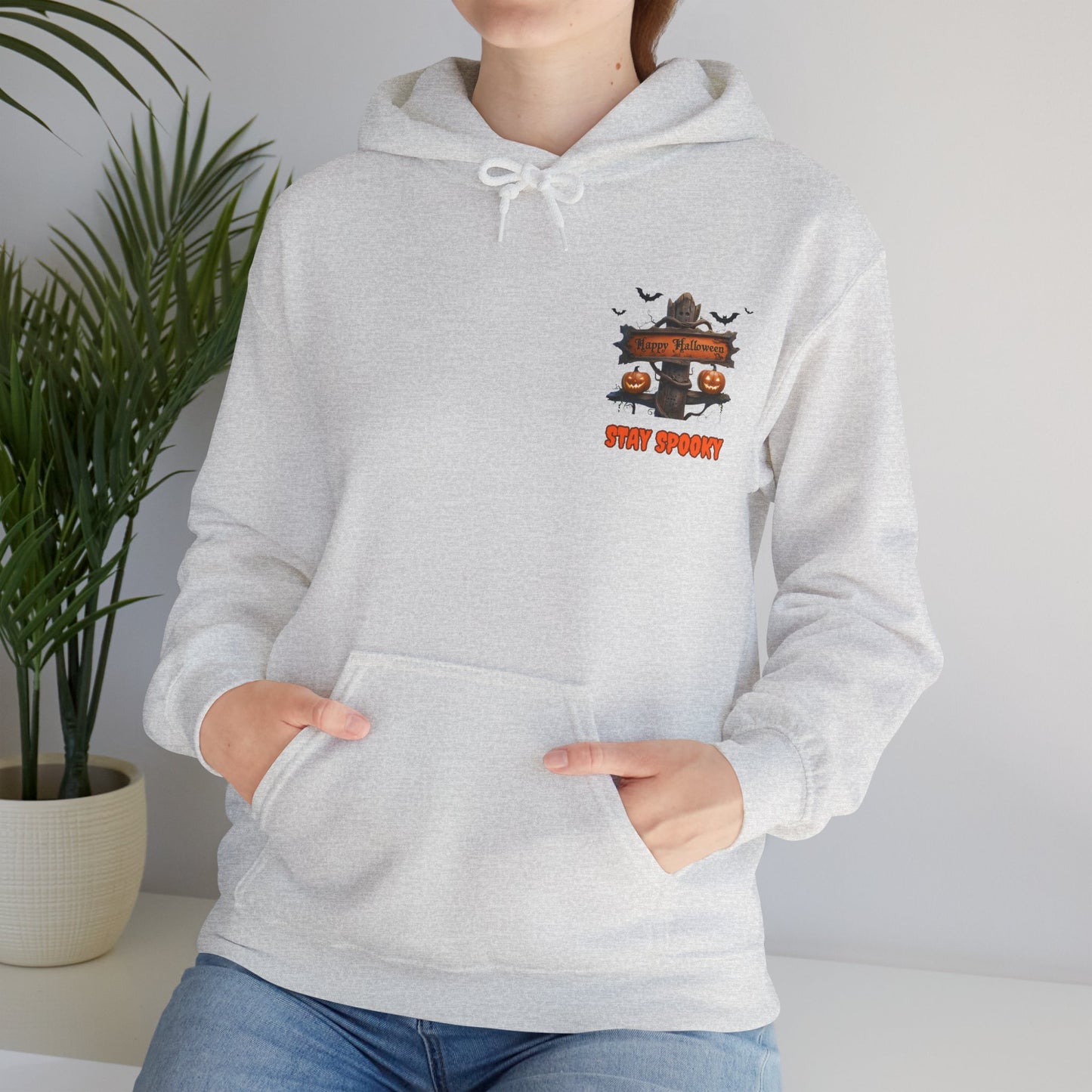 Stay Spooky Halloween Hoodie – Happy Halloween Gravestone & Pumpkin Graphic – Gildan Heavy Blend Unisex Pullover"