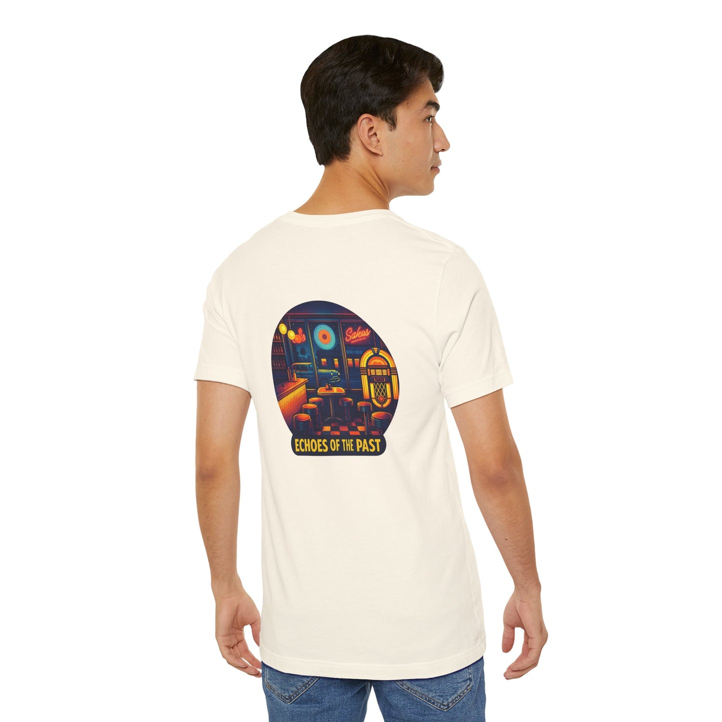 Echoes of the Past Retro Diner T-Shirt – Bella Canvas 3001 Unisex Vintage 80s Jukebox Neon Graphic Tee