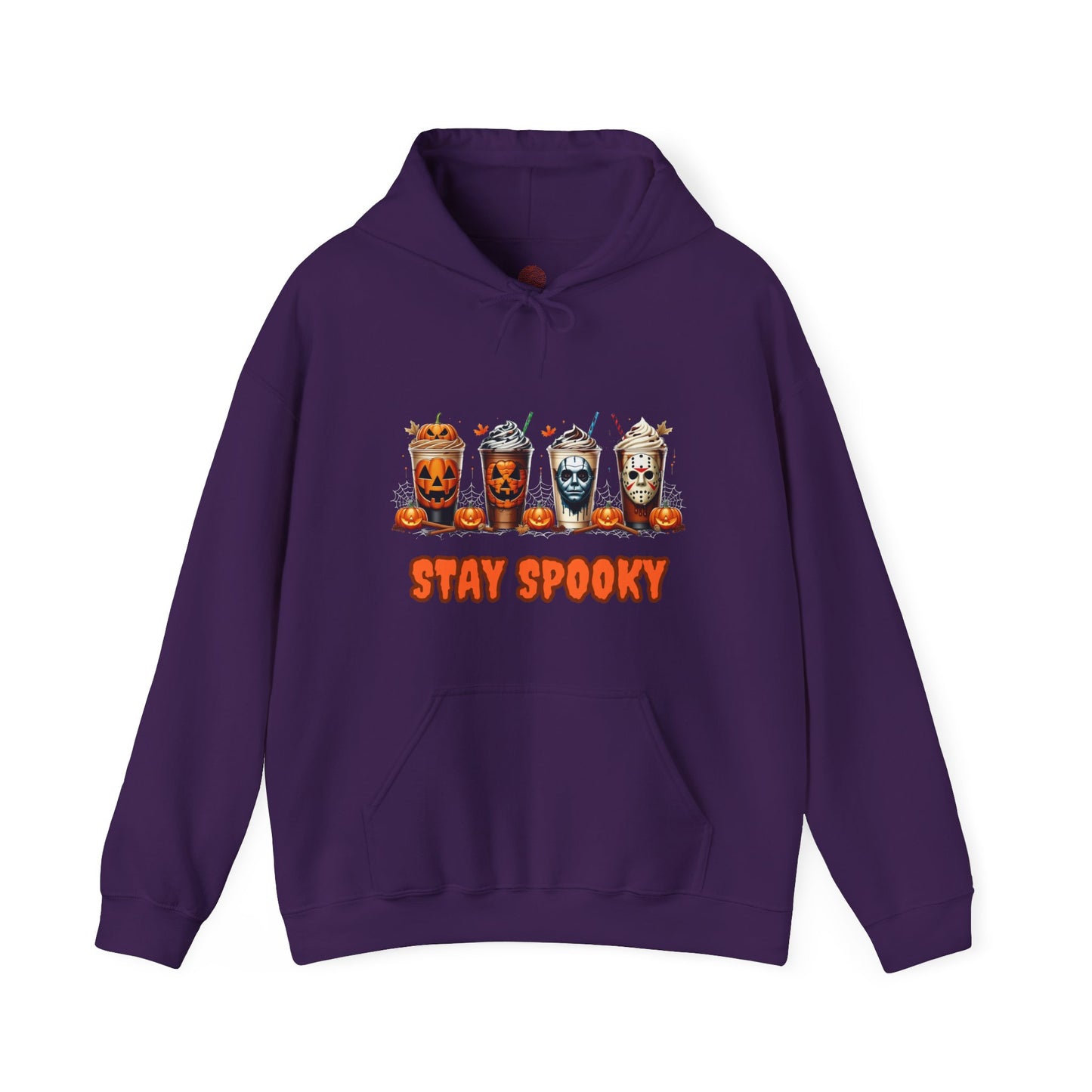 Stay Spooky Halloween Horror Hoodie – Pumpkin Skull Coffee Cup Graphic – Michael Myers Jason Inspired – Gildan 18500 Unisex Pullover