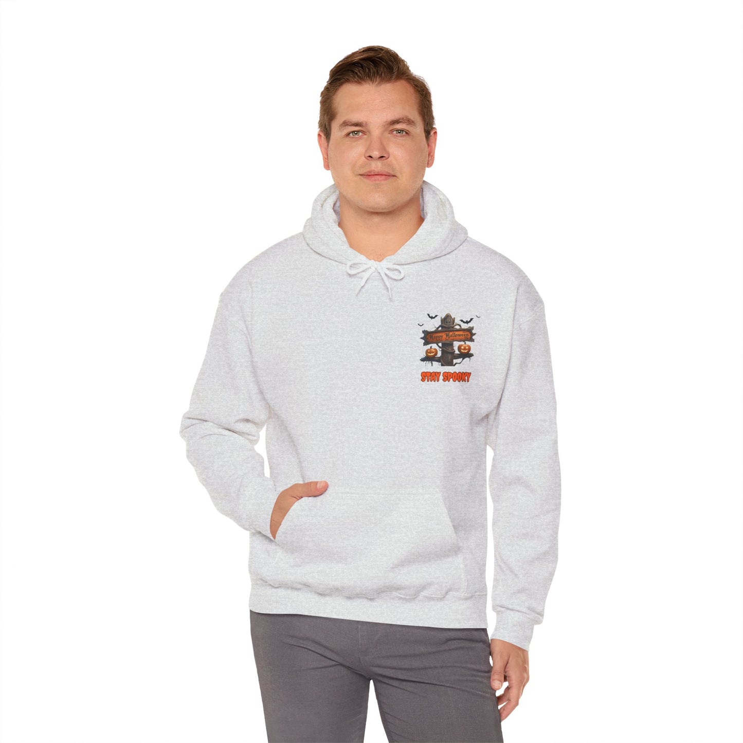 Stay Spooky Halloween Hoodie – Happy Halloween Gravestone & Pumpkin Graphic – Gildan Heavy Blend Unisex Pullover"