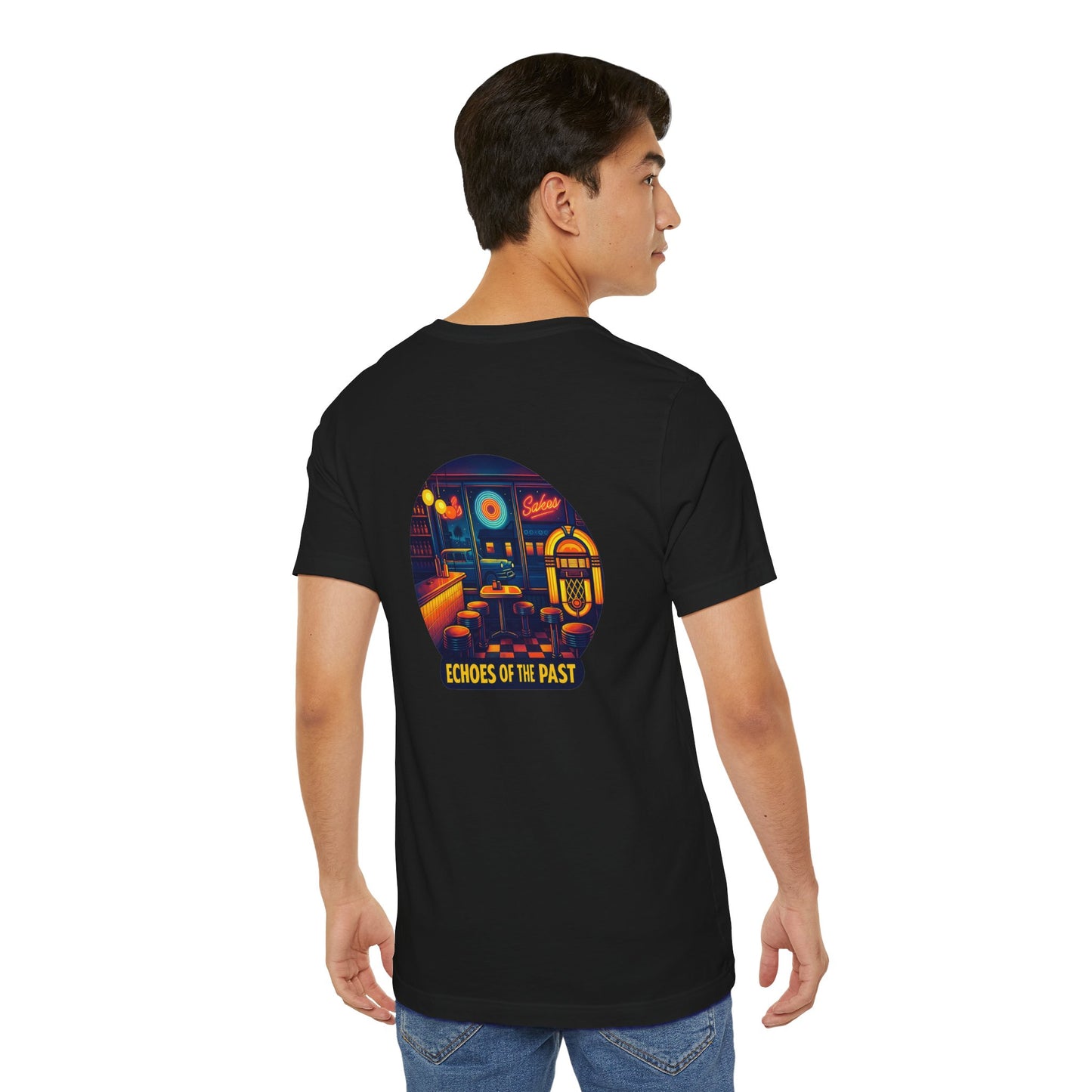 Echoes of the Past Retro Diner T-Shirt – Bella Canvas 3001 Unisex Vintage 80s Jukebox Neon Graphic Tee