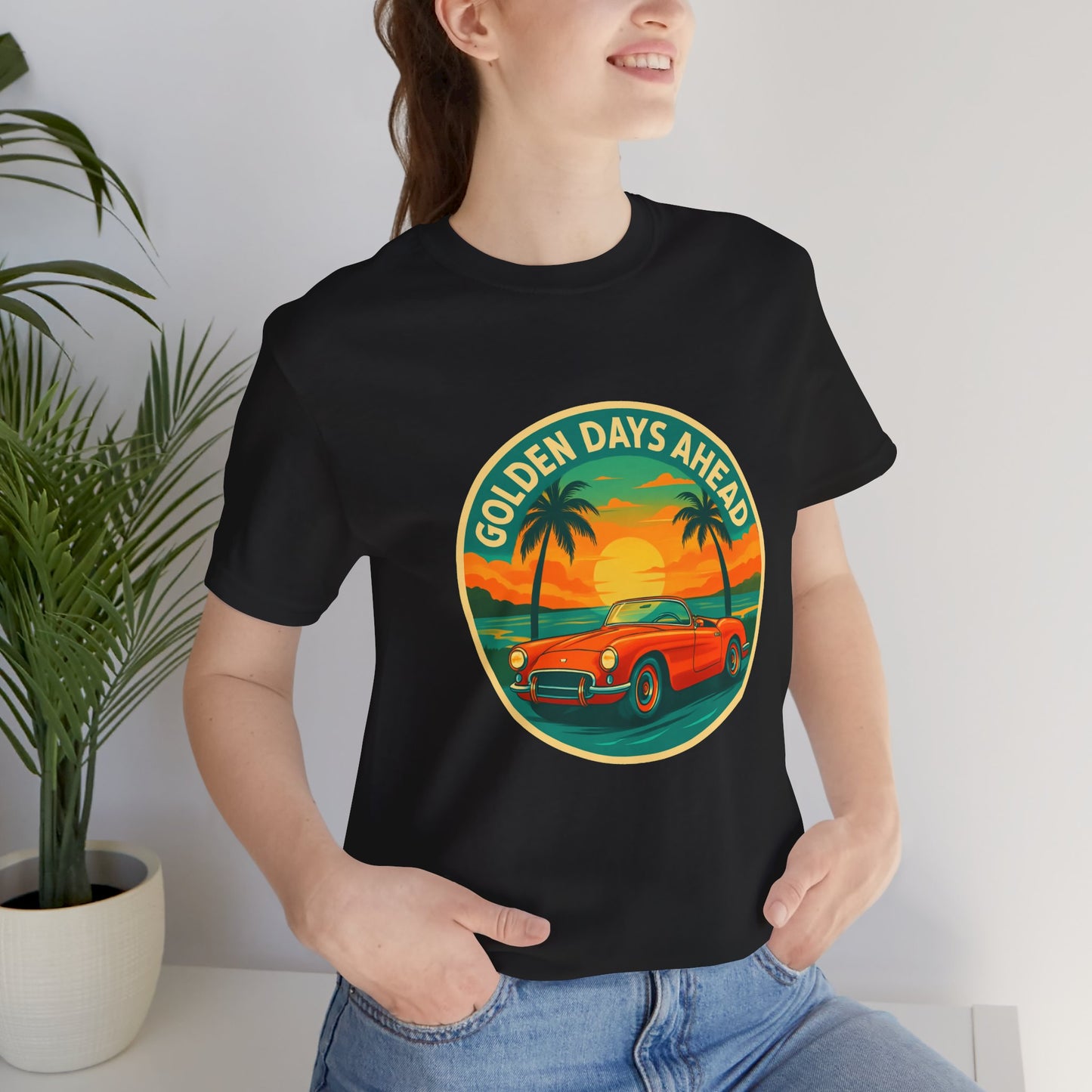 Golden Days Ahead Retro Convertible T-Shirt, Vintage Classic Car Graphic Tee, Sunset Beach Palm Trees - Unisex Jersey Short Sleeve Tee,