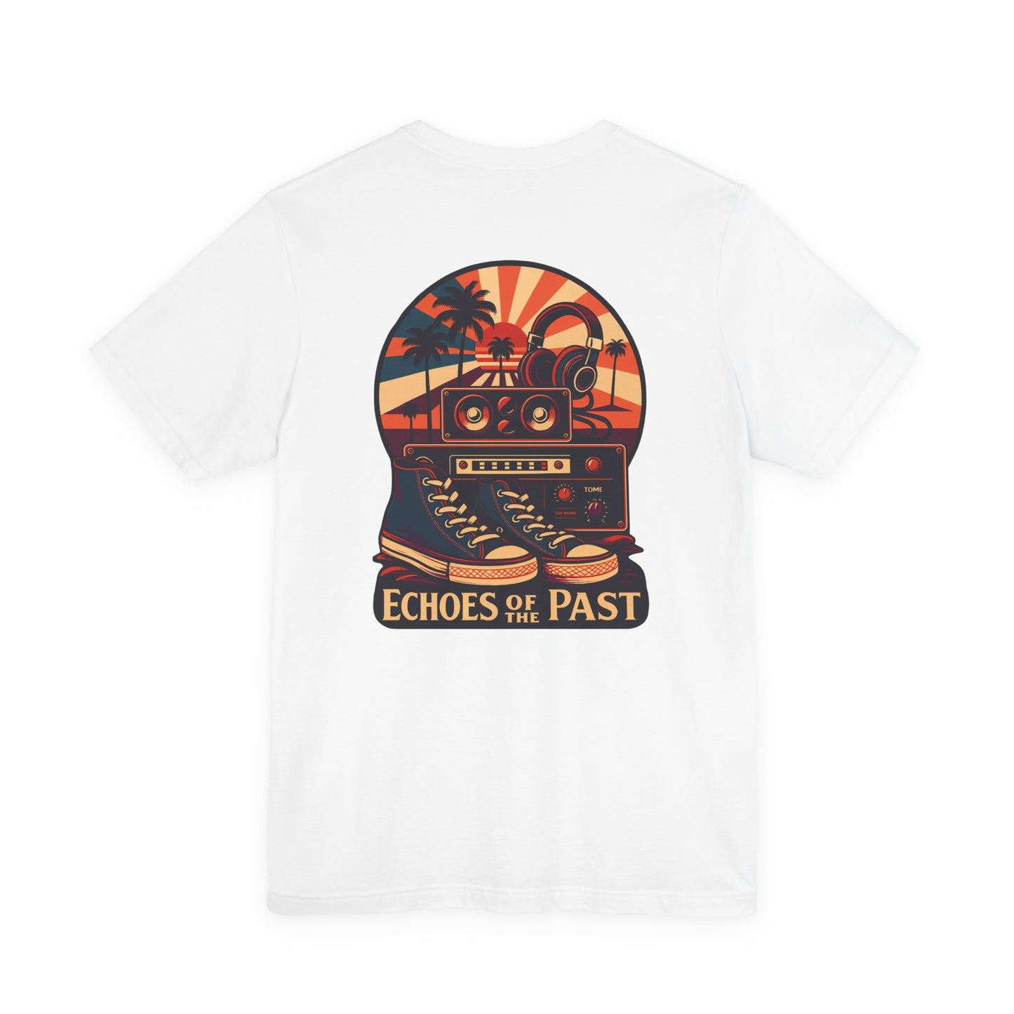 Echoes of the Past Retro Sunset T-Shirt – Bella Canvas 3001 Unisex Vintage 80s Palm Tree Music Graphic Tee