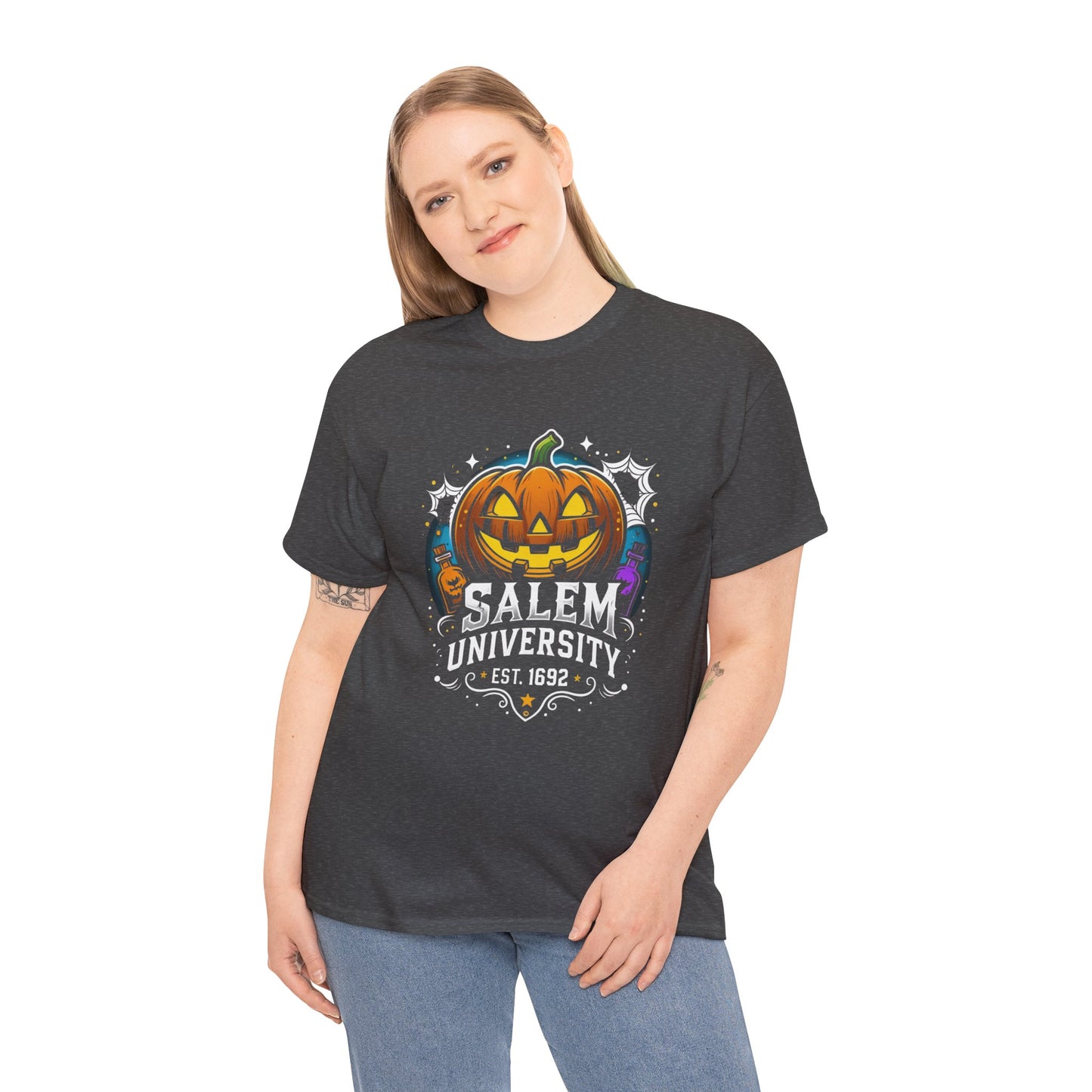 Salem University Halloween Shirt | Funny Witch Pumpkin Graphic Tee | Spooky Witchcraft Unisex T-Shirt | Vintage Halloween Party Top