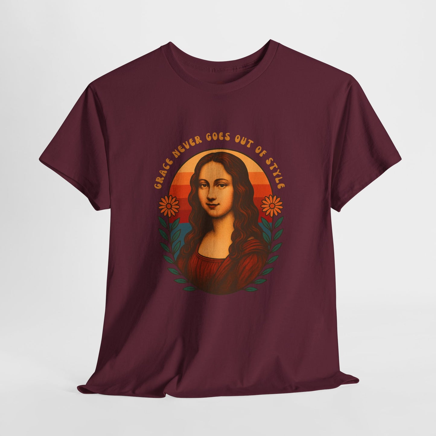 Retro Mona Lisa Unisex Heavy Cotton Tee - Vintage Aesthetic Graphic Shirt, 70s Art Tee, Trendy Gildan 5000 Top, Grace Never Goes Out of