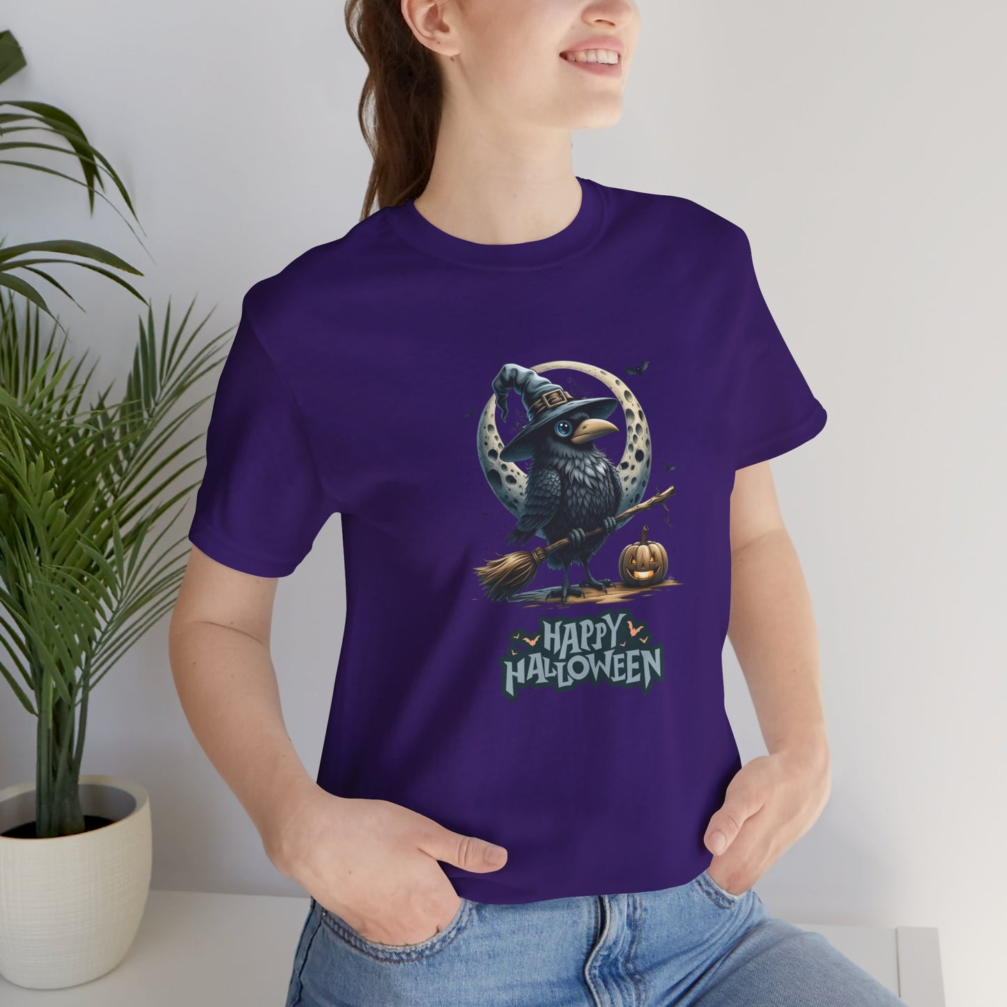 Happy Halloween Crow Shirt – Spooky Raven Witch Graphic Tee – Bella Canvas 3001 – Unisex Halloween T-Shirt for Women Men