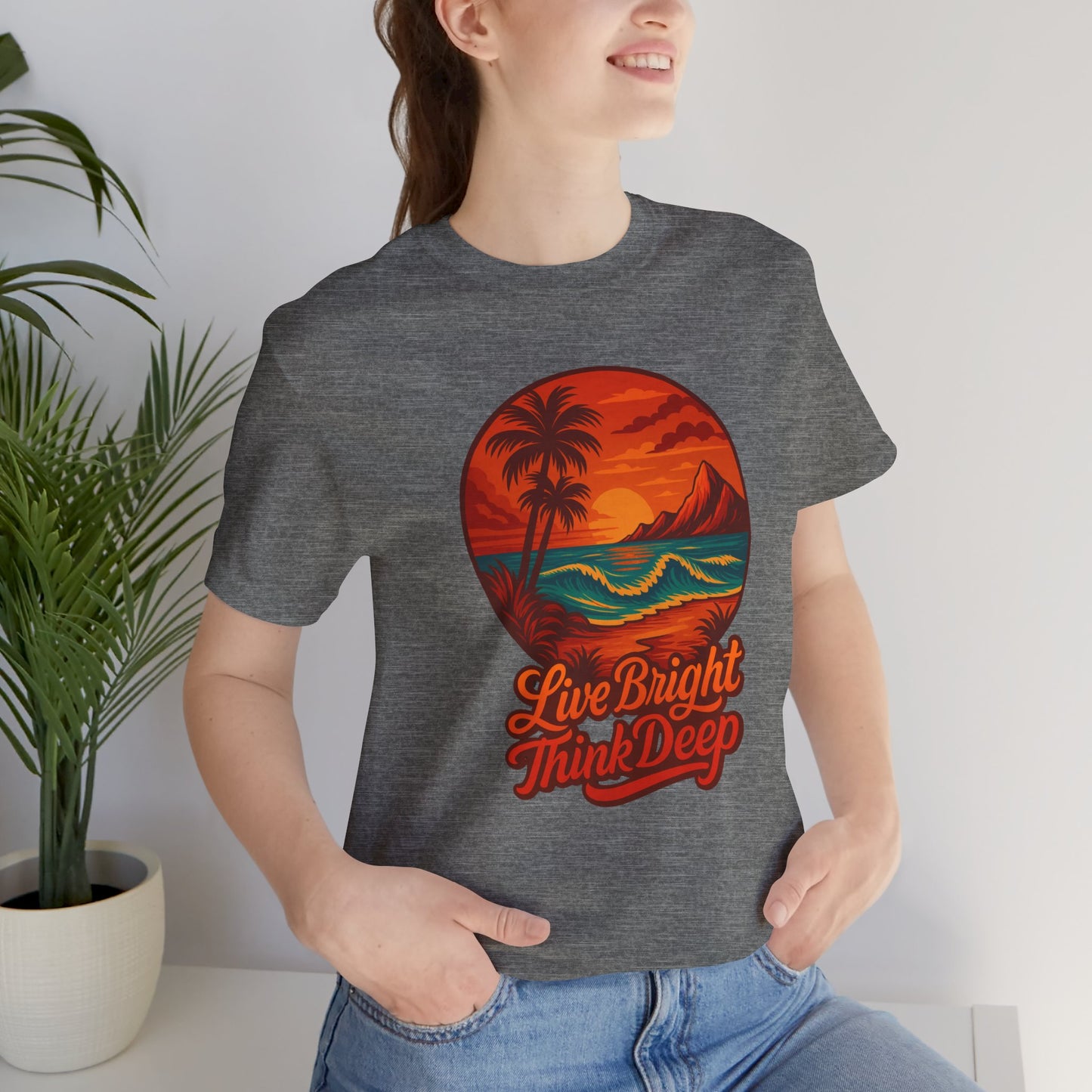 Retro Sunset Ocean Wave Graphic Tee - Live Bright Think Deep T-Shirt, Palm Tree Beach Shirt, Inspirational Typography, Unisex Bella Canvas