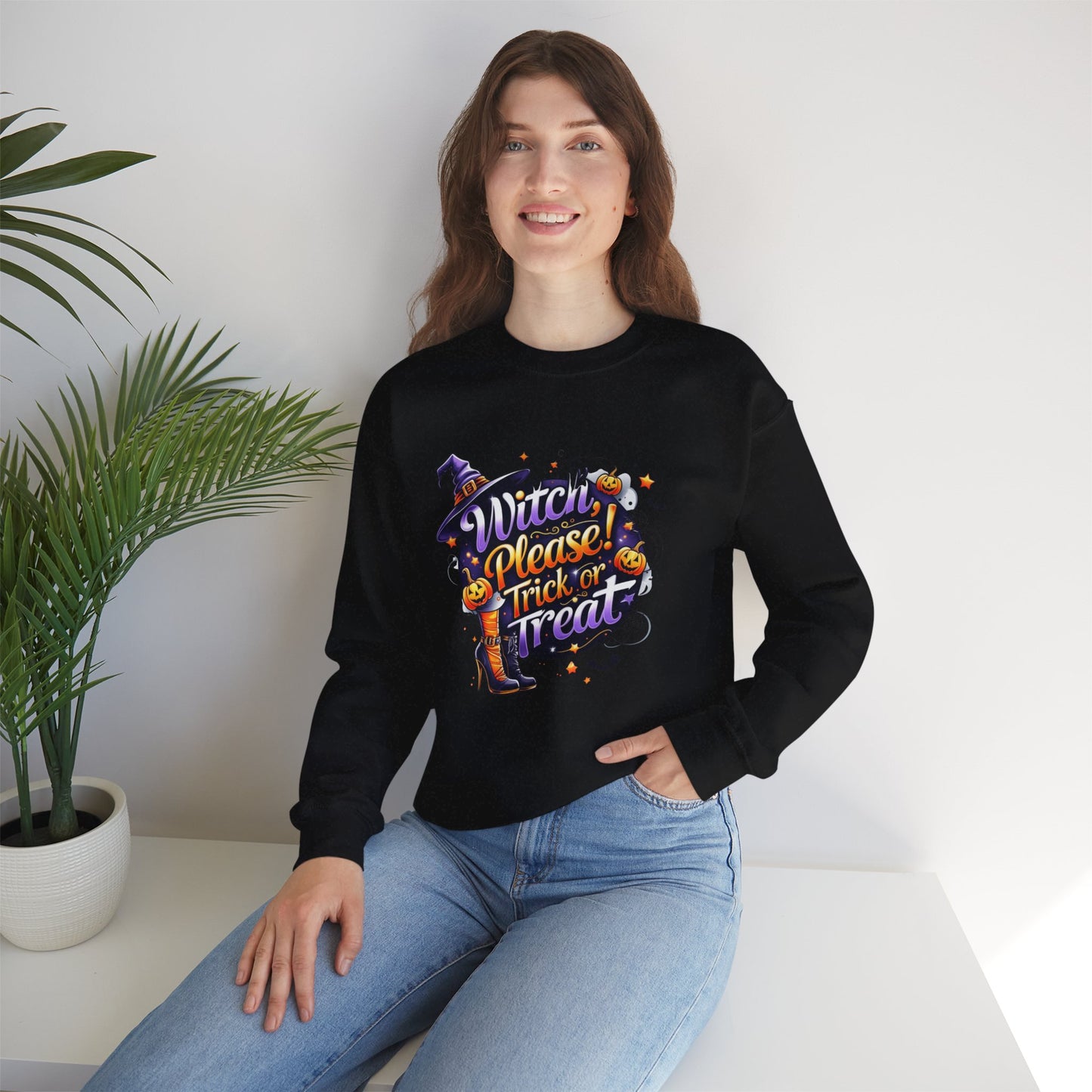 Halloween Sweatshirt – "Witch Please, Trick or Treat" – Funny Witch Hat & Pumpkins Graphic – Cozy Unisex Crewneck Pullover
