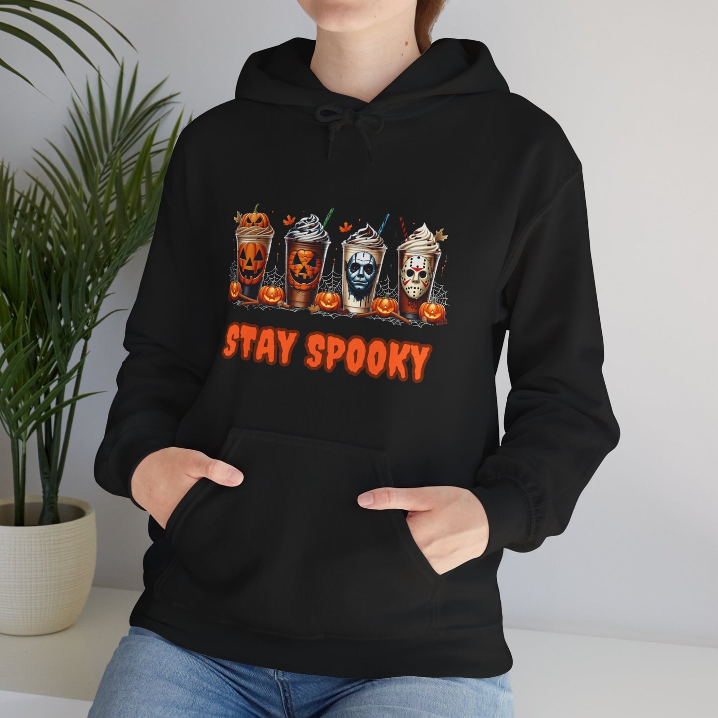 Stay Spooky Halloween Horror Hoodie – Pumpkin Skull Coffee Cup Graphic – Michael Myers Jason Inspired – Gildan 18500 Unisex Pullover