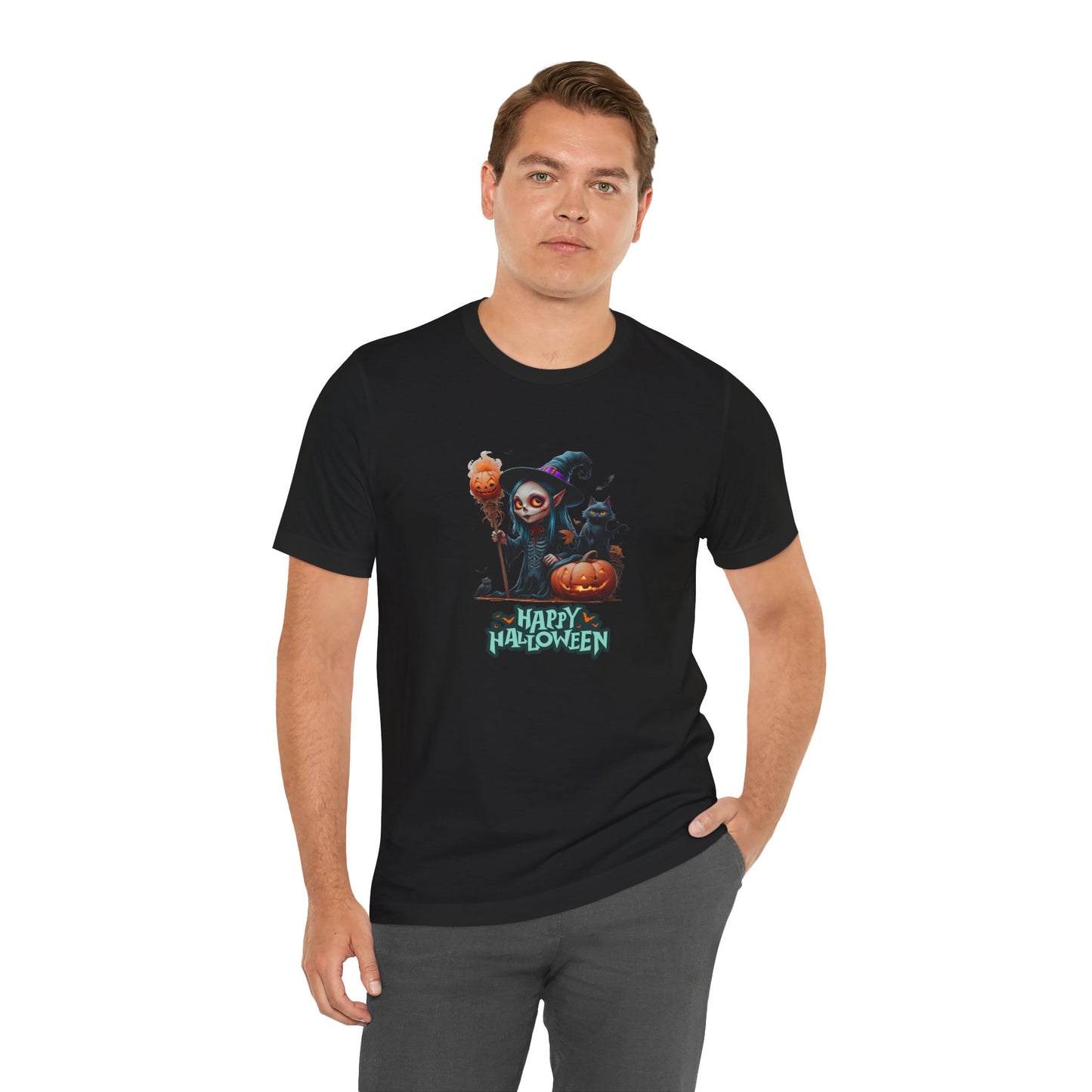 Happy Halloween Witch Shirt – Spooky Pumpkin Cat Graphic Tee – Bella Canvas 3001 – Unisex Halloween T-Shirt for Women Men