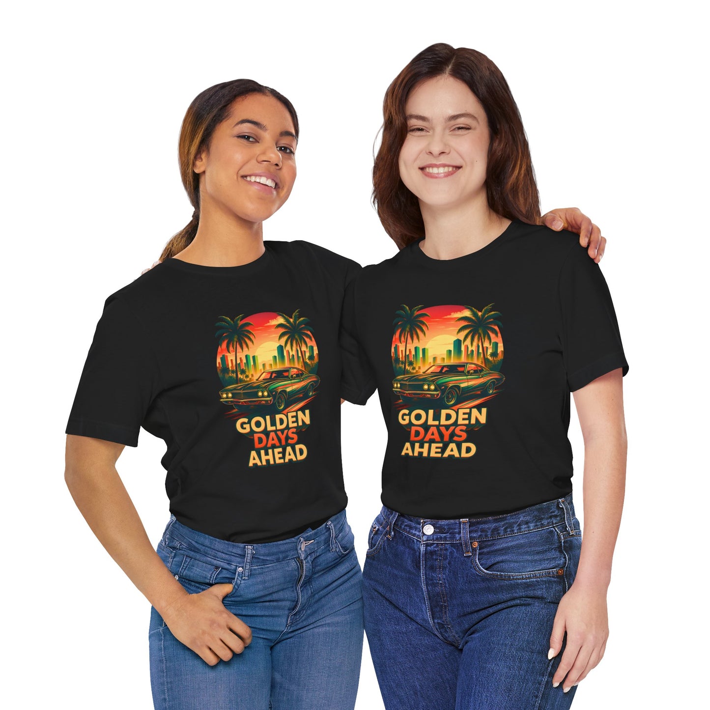 Retro Sunset Muscle Car T-Shirt, Vintage Skyline Graphic Tee, Unisex Jersey Tee, Golden Days Ahead Shirt, Bella Canvas 3001