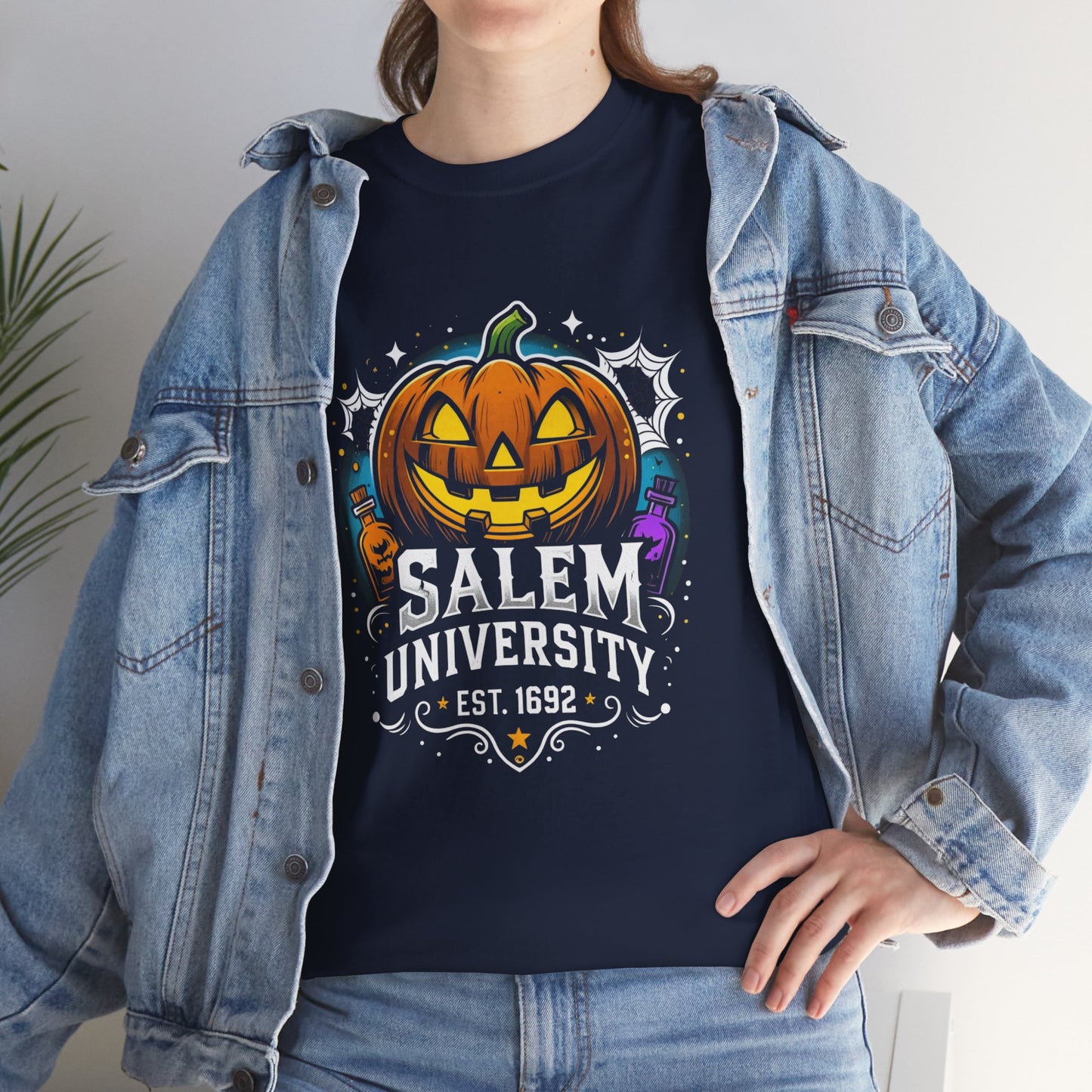 Salem University Halloween Shirt | Funny Witch Pumpkin Graphic Tee | Spooky Witchcraft Unisex T-Shirt | Vintage Halloween Party Top
