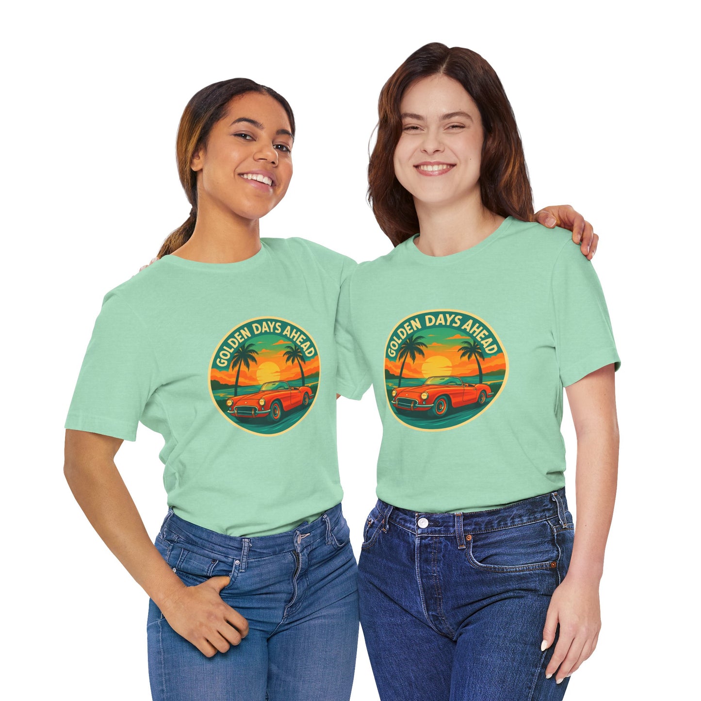 Golden Days Ahead Retro Convertible T-Shirt, Vintage Classic Car Graphic Tee, Sunset Beach Palm Trees - Unisex Jersey Short Sleeve Tee,