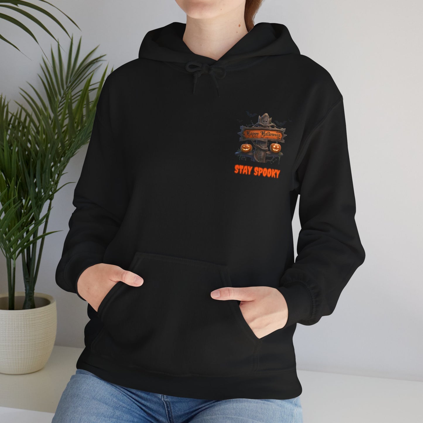 Stay Spooky Halloween Hoodie – Happy Halloween Gravestone & Pumpkin Graphic – Gildan Heavy Blend Unisex Pullover"