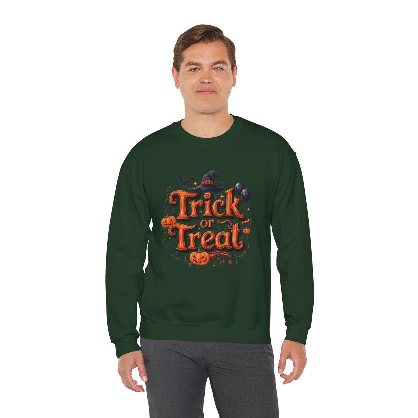 Halloween “Trick or Treat” Graphic Sweatshirt – Cozy Cotton Blend, Spooky Pumpkin & Witch Hat Design